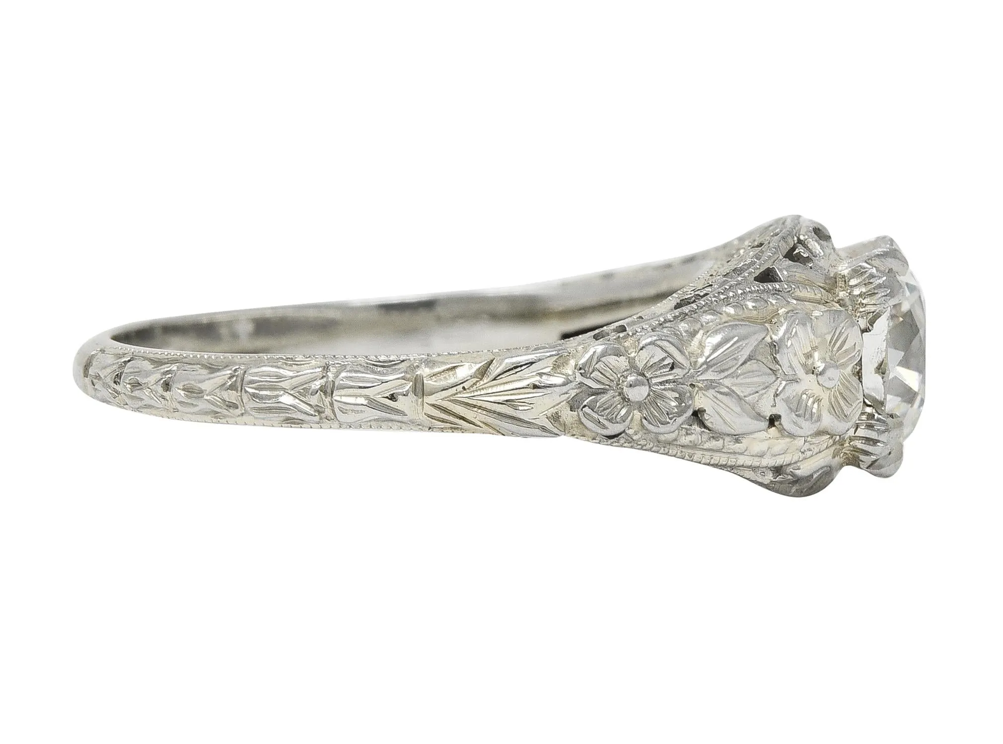 Art Deco 1.18 CTW Old European Cut Diamond 18 Karat White Gold Blossom Engagement Ring GIA