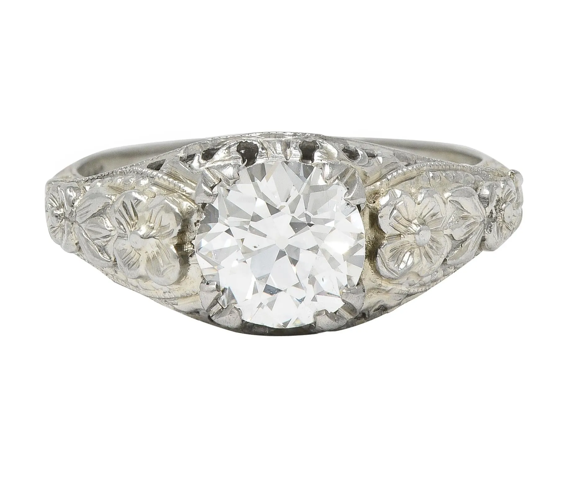 Art Deco 1.18 CTW Old European Cut Diamond 18 Karat White Gold Blossom Engagement Ring GIA