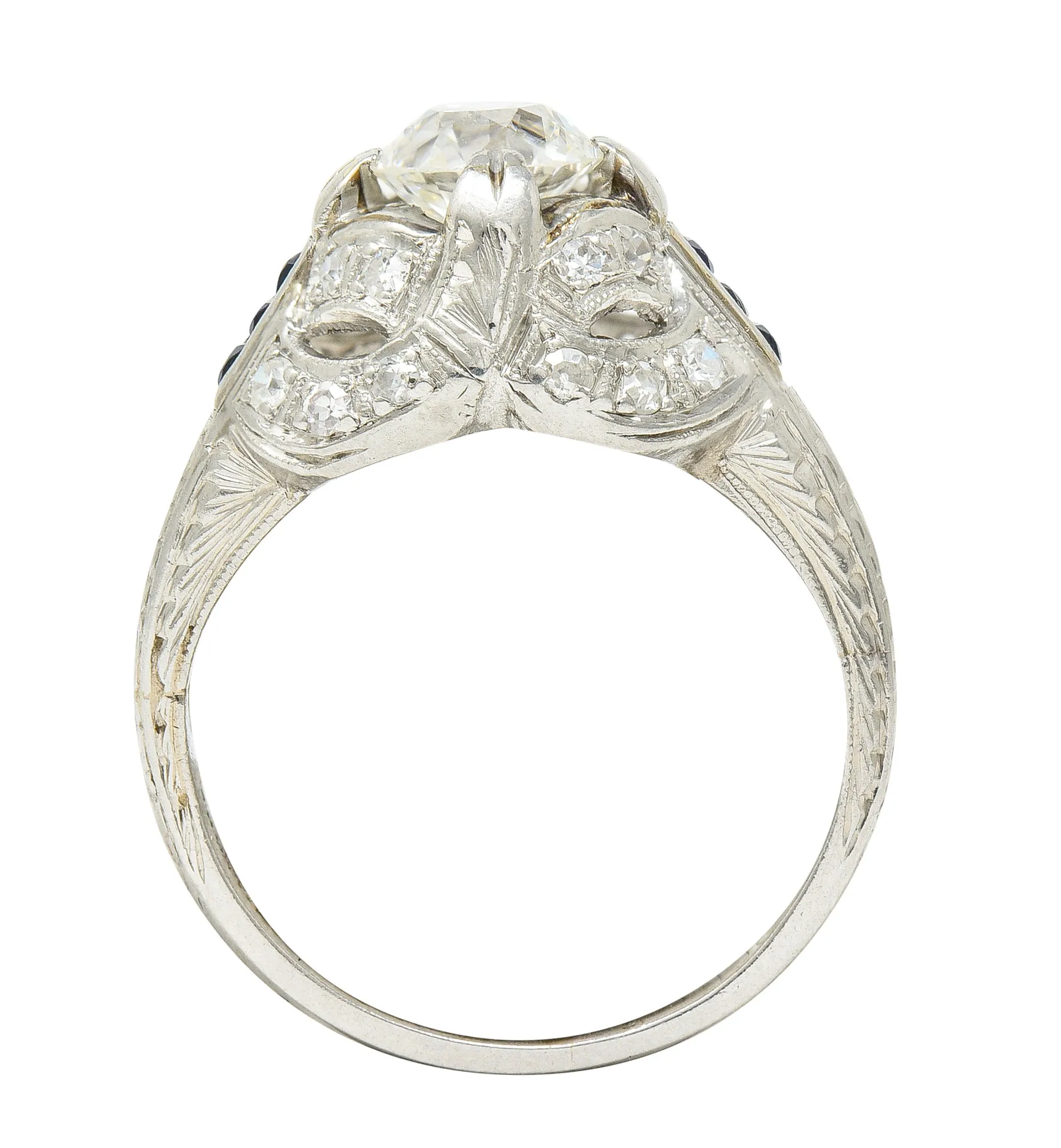 Art Deco 1.19 CTW Old European Cut Diamond Sapphire Platinum Ribbon Antique Engagement Ring