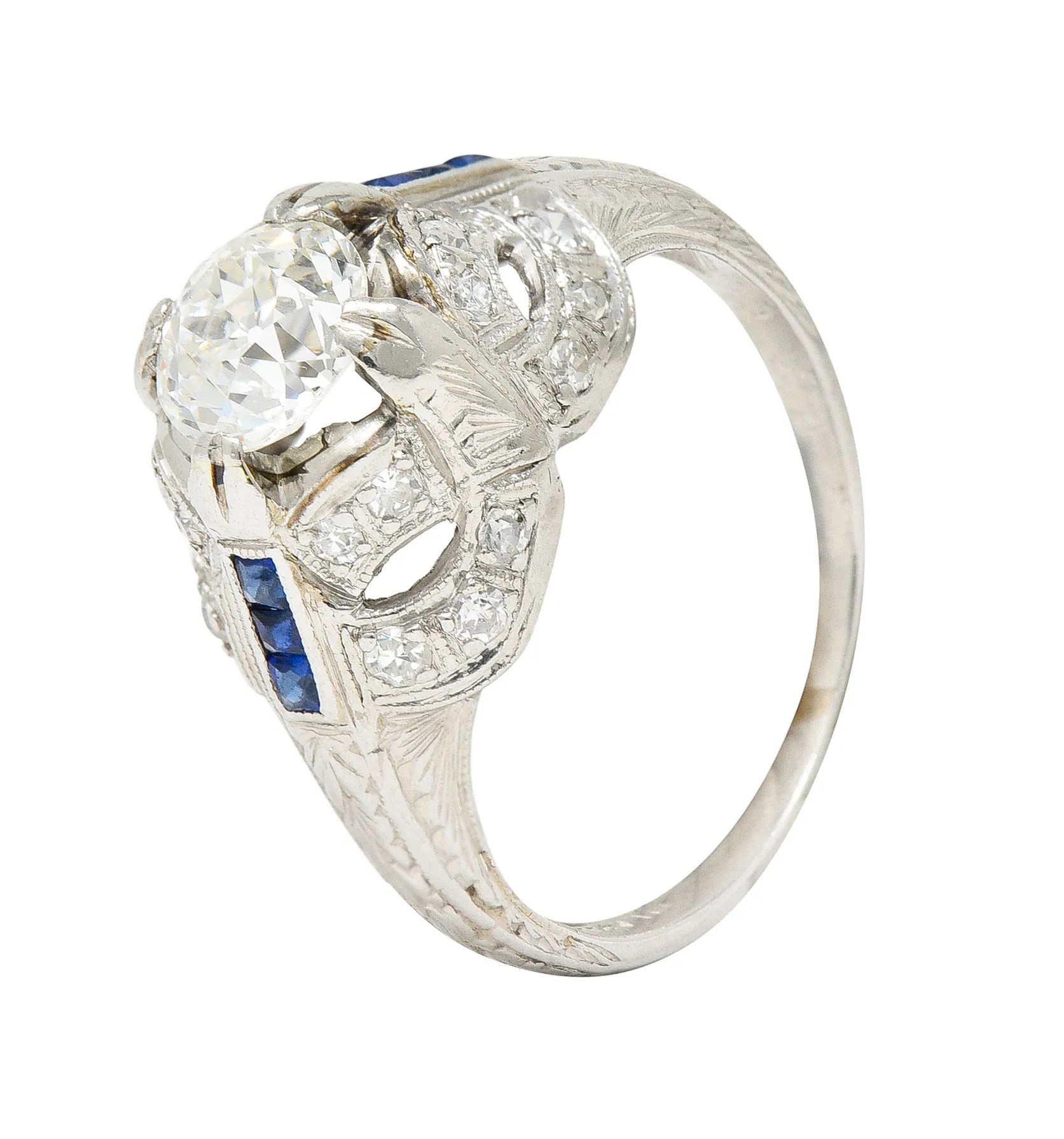 Art Deco 1.19 CTW Old European Cut Diamond Sapphire Platinum Ribbon Antique Engagement Ring