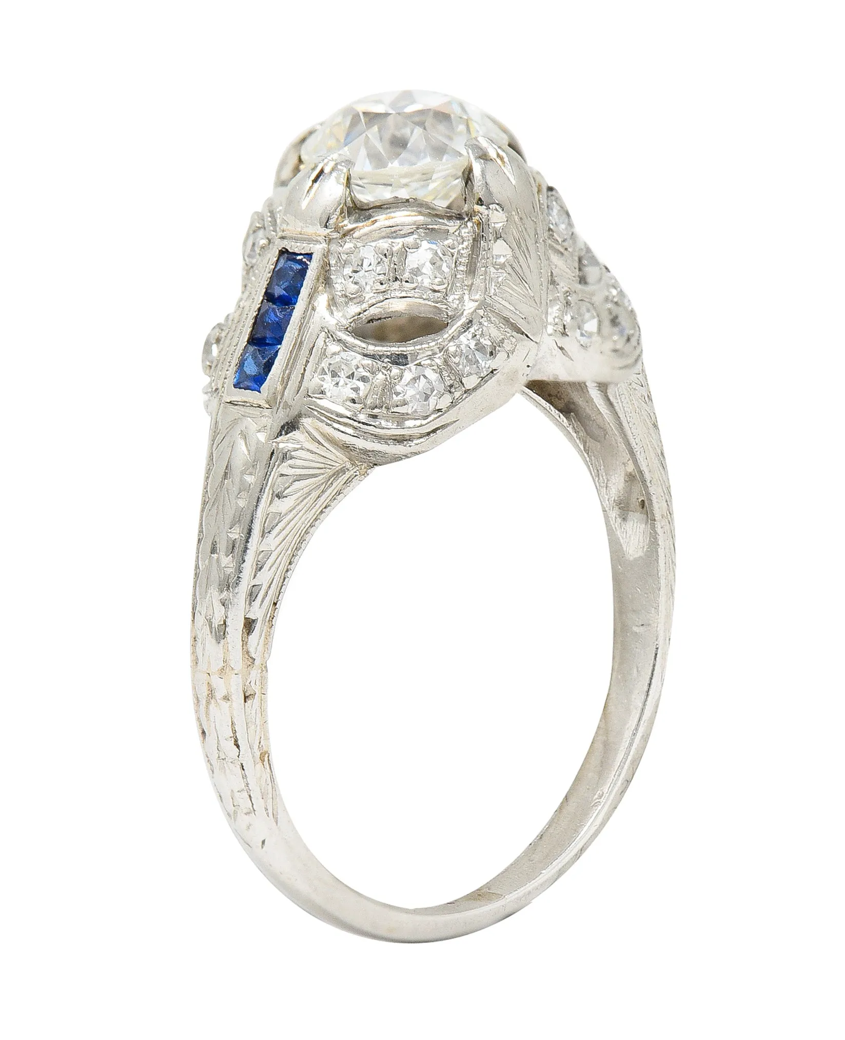 Art Deco 1.19 CTW Old European Cut Diamond Sapphire Platinum Ribbon Antique Engagement Ring