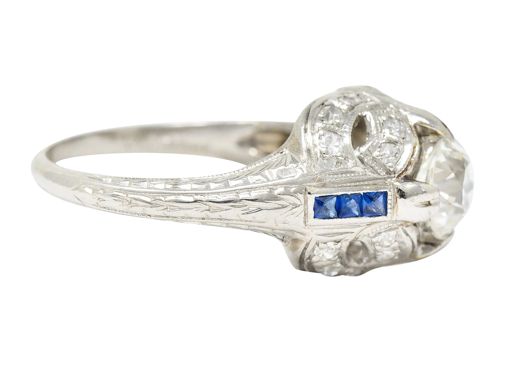 Art Deco 1.19 CTW Old European Cut Diamond Sapphire Platinum Ribbon Antique Engagement Ring