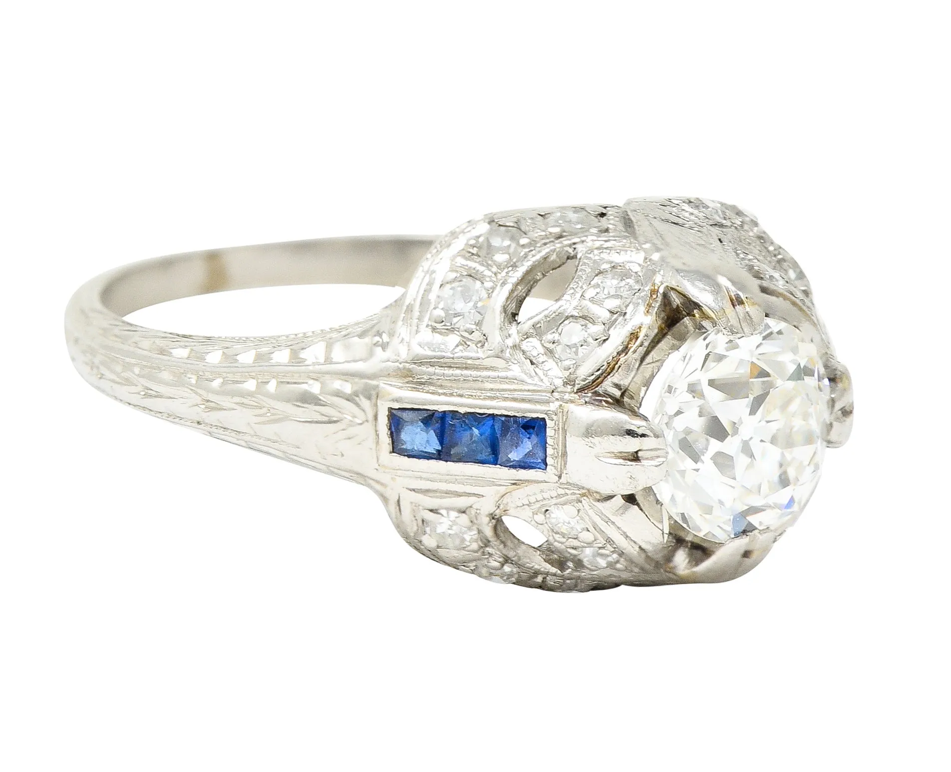 Art Deco 1.19 CTW Old European Cut Diamond Sapphire Platinum Ribbon Antique Engagement Ring