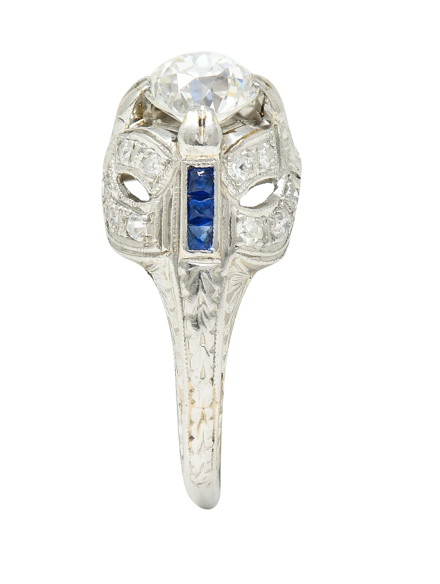 Art Deco 1.19 CTW Old European Cut Diamond Sapphire Platinum Ribbon Antique Engagement Ring