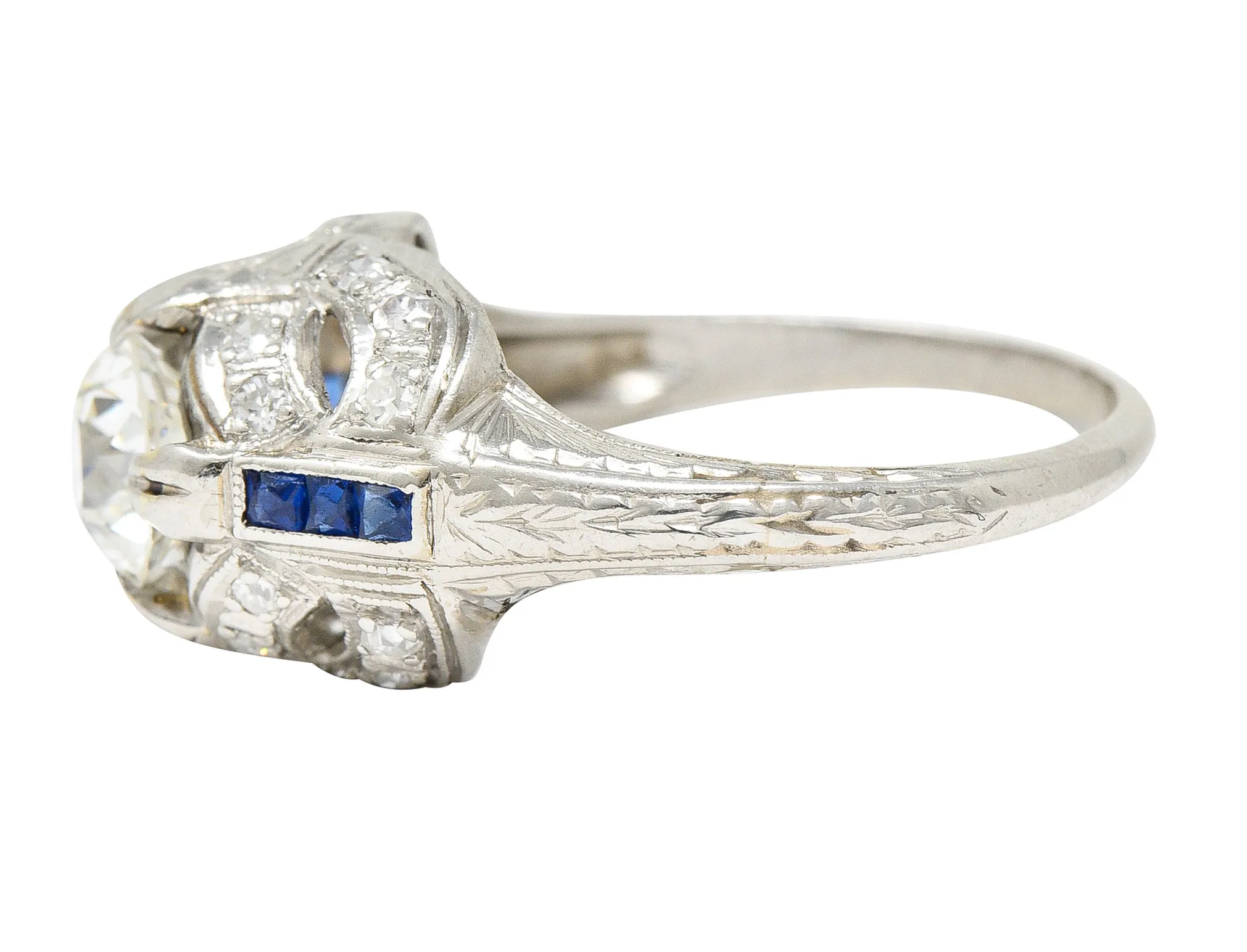 Art Deco 1.19 CTW Old European Cut Diamond Sapphire Platinum Ribbon Antique Engagement Ring