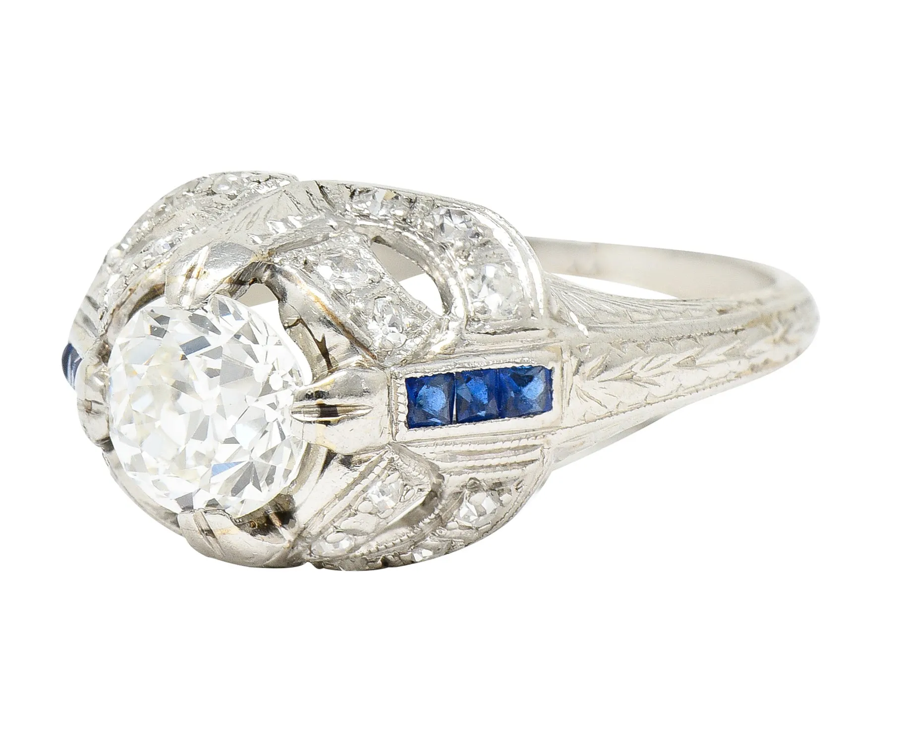 Art Deco 1.19 CTW Old European Cut Diamond Sapphire Platinum Ribbon Antique Engagement Ring