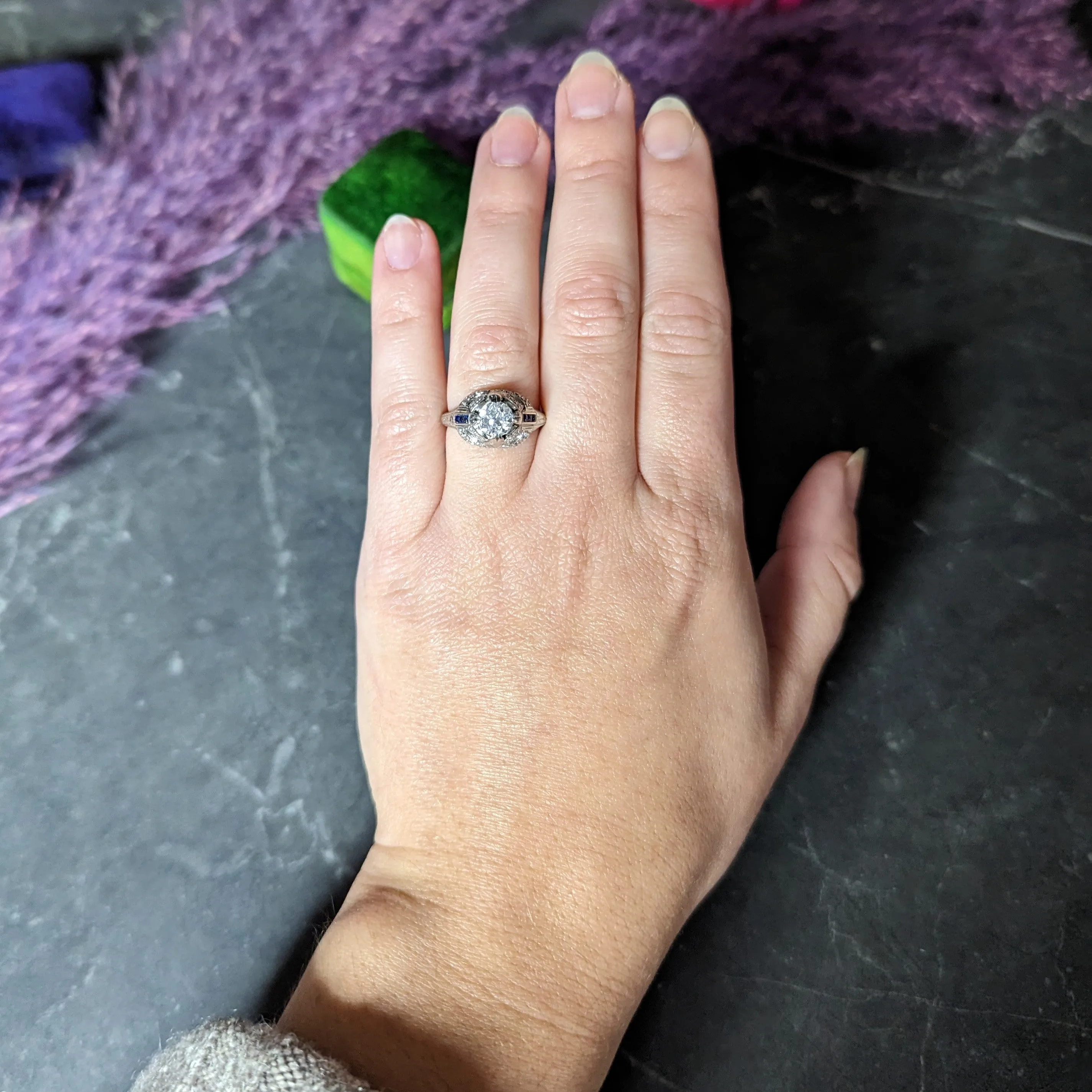 Art Deco 1.19 CTW Old European Cut Diamond Sapphire Platinum Ribbon Antique Engagement Ring