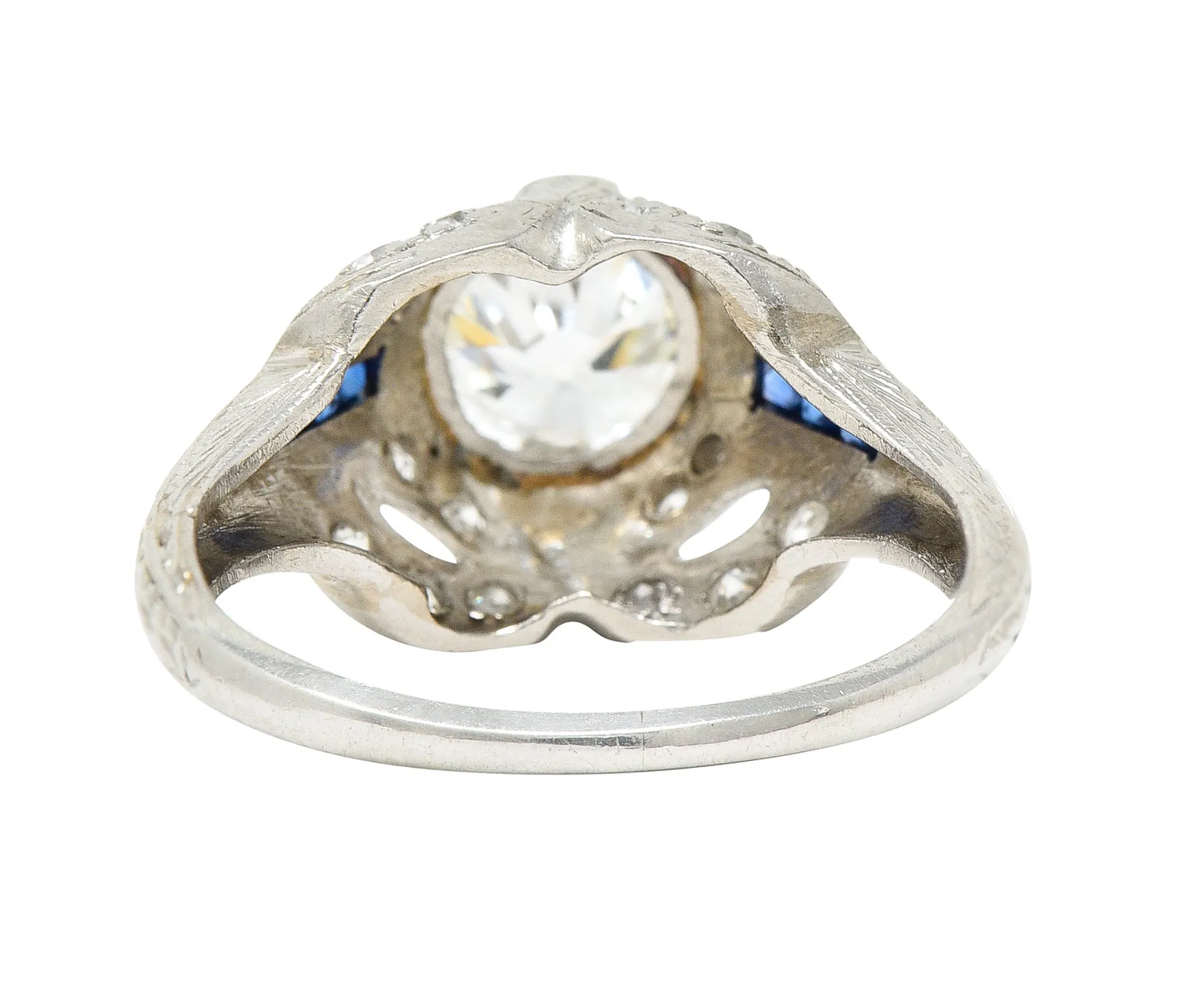 Art Deco 1.19 CTW Old European Cut Diamond Sapphire Platinum Ribbon Antique Engagement Ring