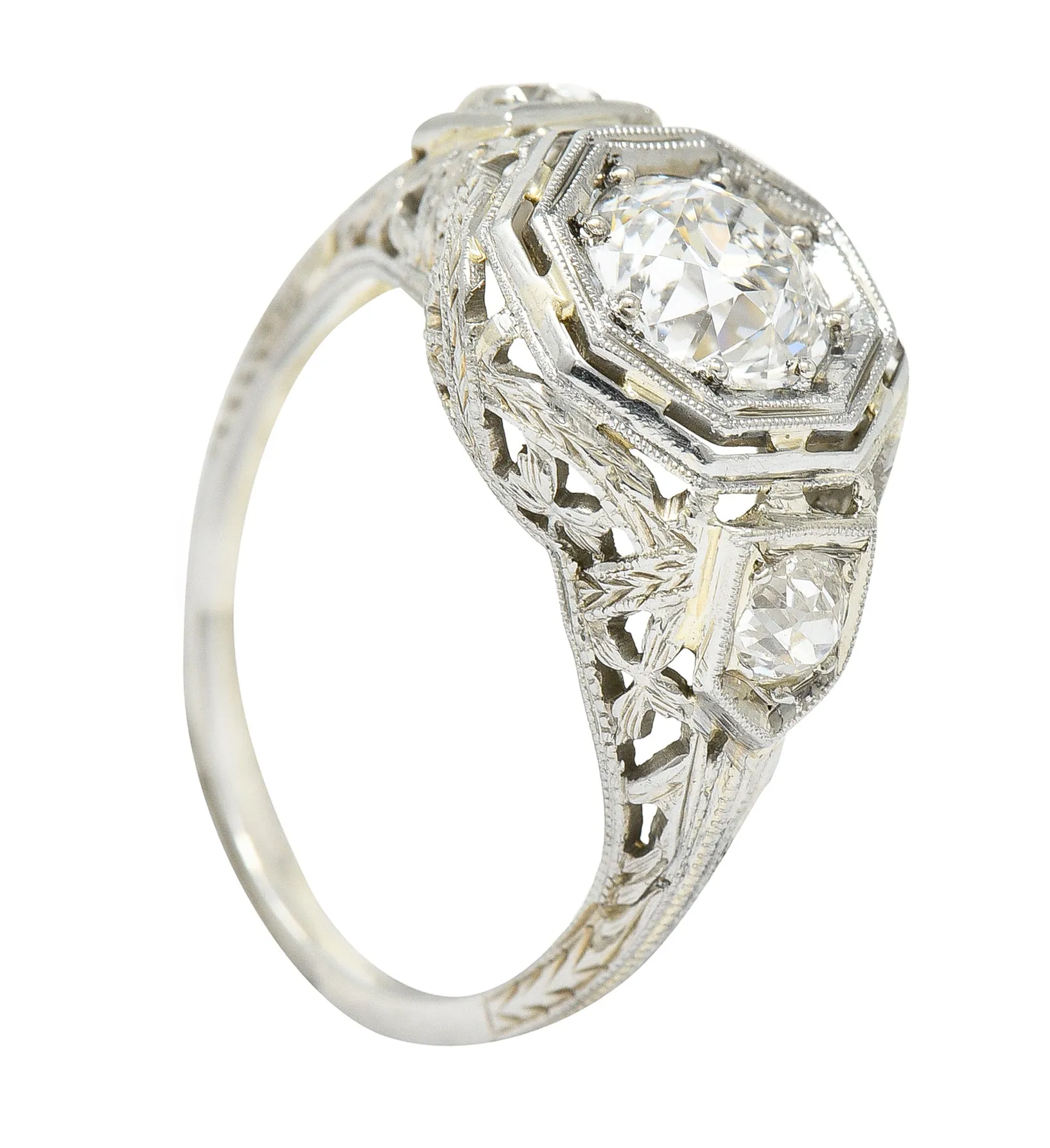 Art Deco 1.41 CTW Diamond 18 Karat White Gold Floral Vintage Engagement Ring GIA