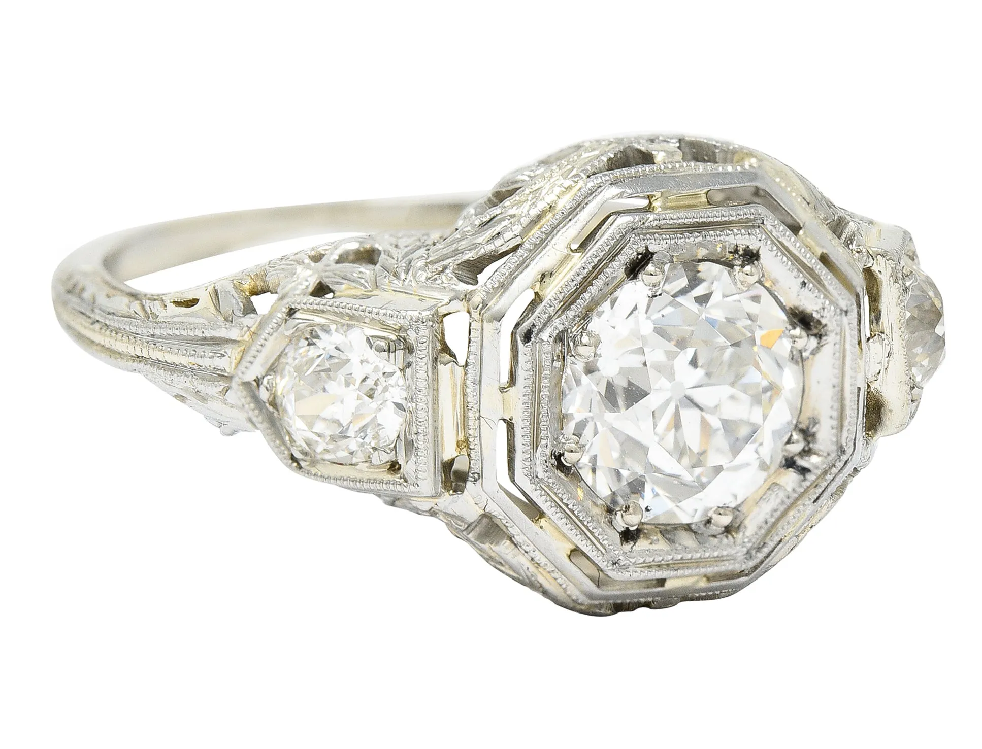 Art Deco 1.41 CTW Diamond 18 Karat White Gold Floral Vintage Engagement Ring GIA