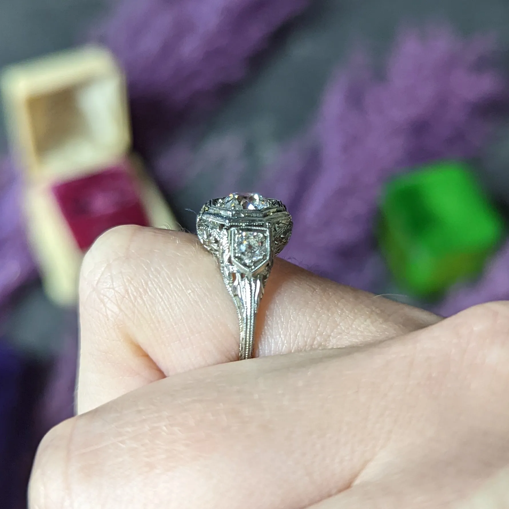 Art Deco 1.41 CTW Diamond 18 Karat White Gold Floral Vintage Engagement Ring GIA