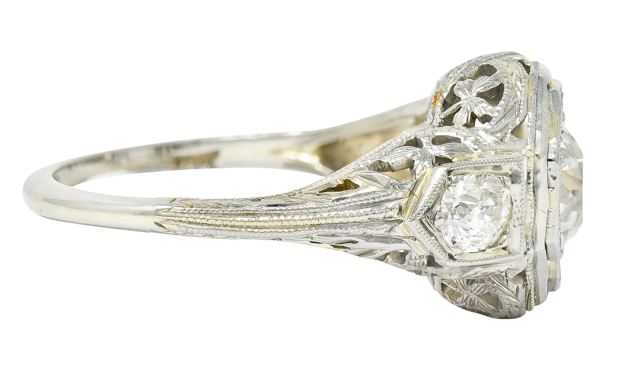 Art Deco 1.41 CTW Diamond 18 Karat White Gold Floral Vintage Engagement Ring GIA
