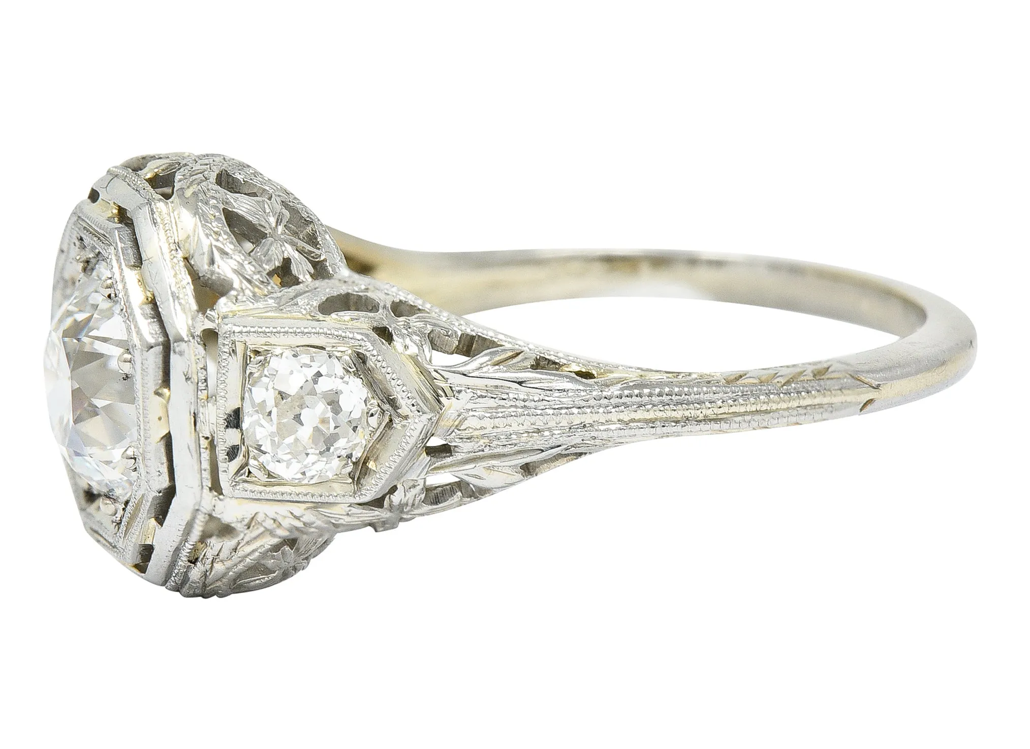 Art Deco 1.41 CTW Diamond 18 Karat White Gold Floral Vintage Engagement Ring GIA