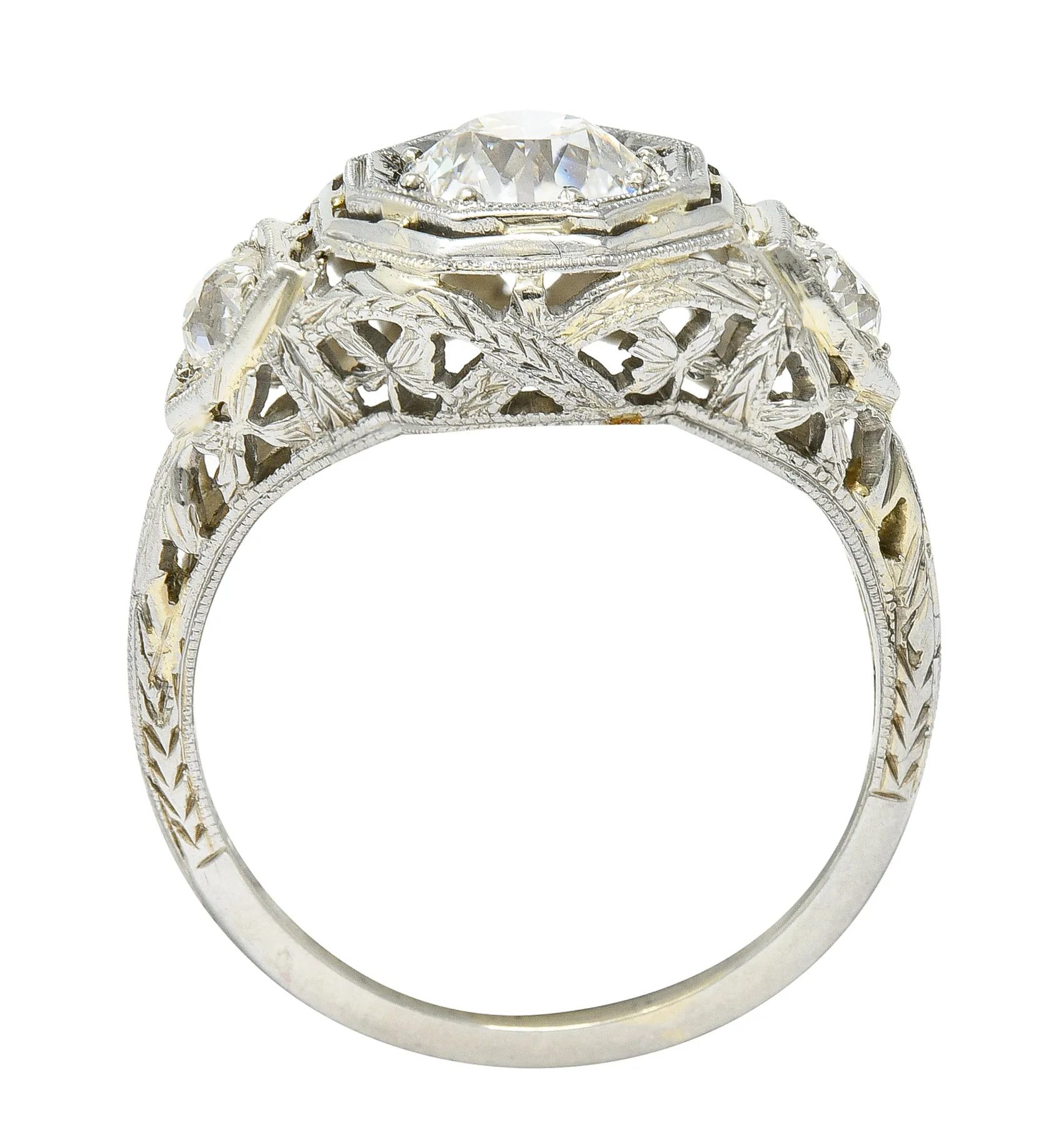 Art Deco 1.41 CTW Diamond 18 Karat White Gold Floral Vintage Engagement Ring GIA