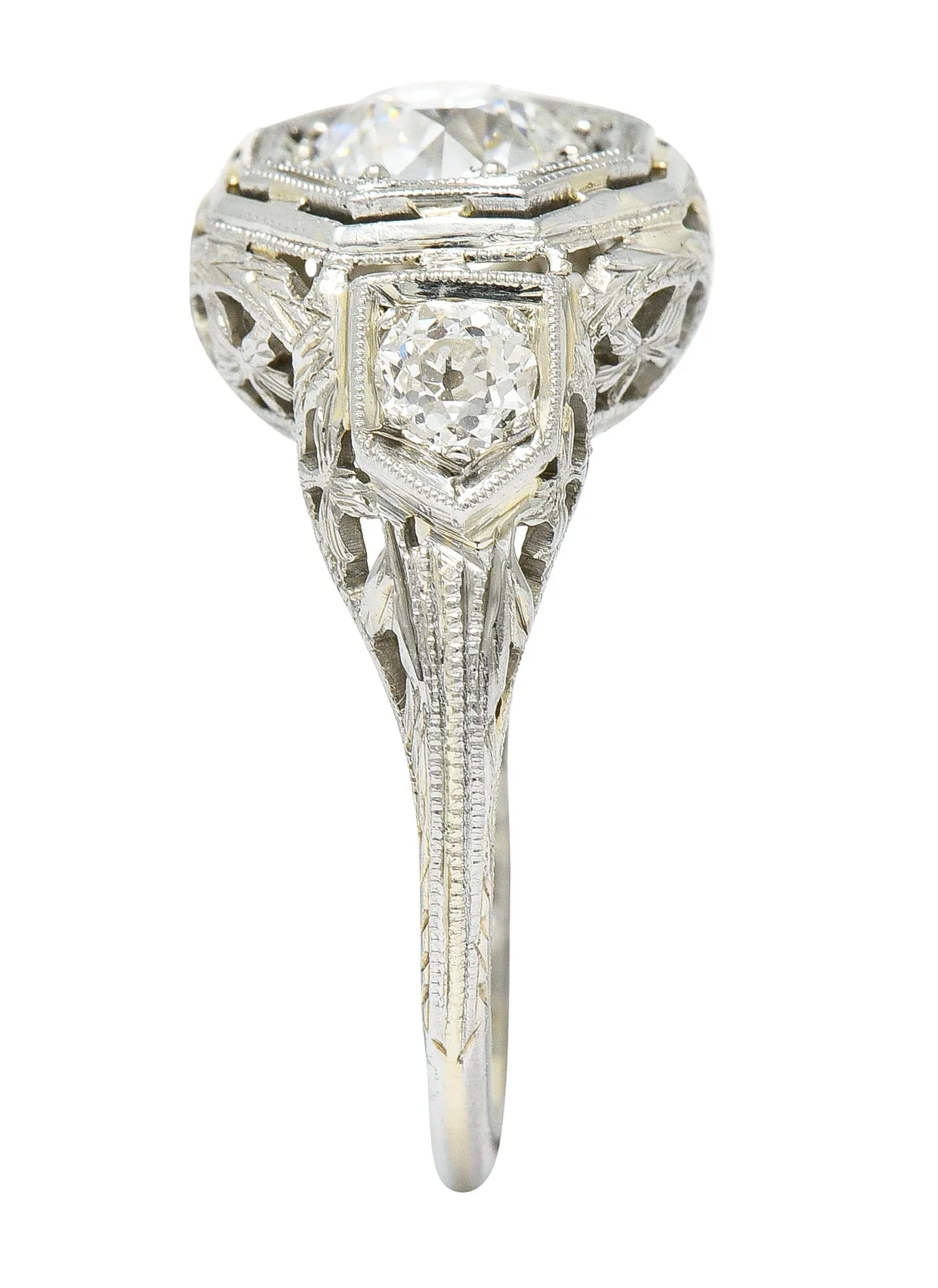 Art Deco 1.41 CTW Diamond 18 Karat White Gold Floral Vintage Engagement Ring GIA
