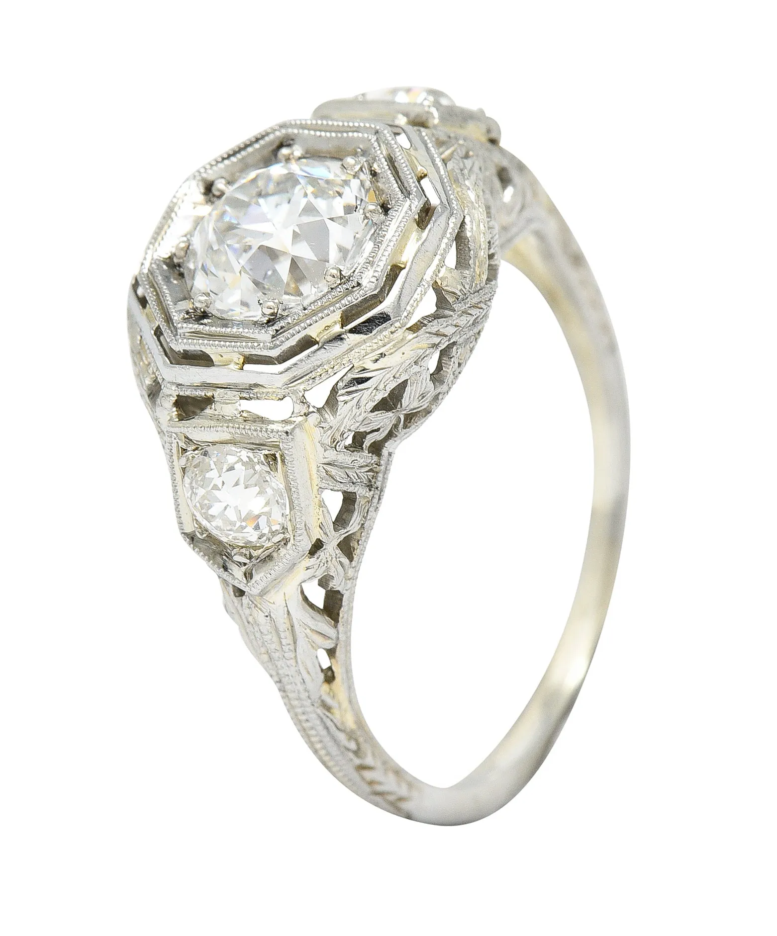 Art Deco 1.41 CTW Diamond 18 Karat White Gold Floral Vintage Engagement Ring GIA