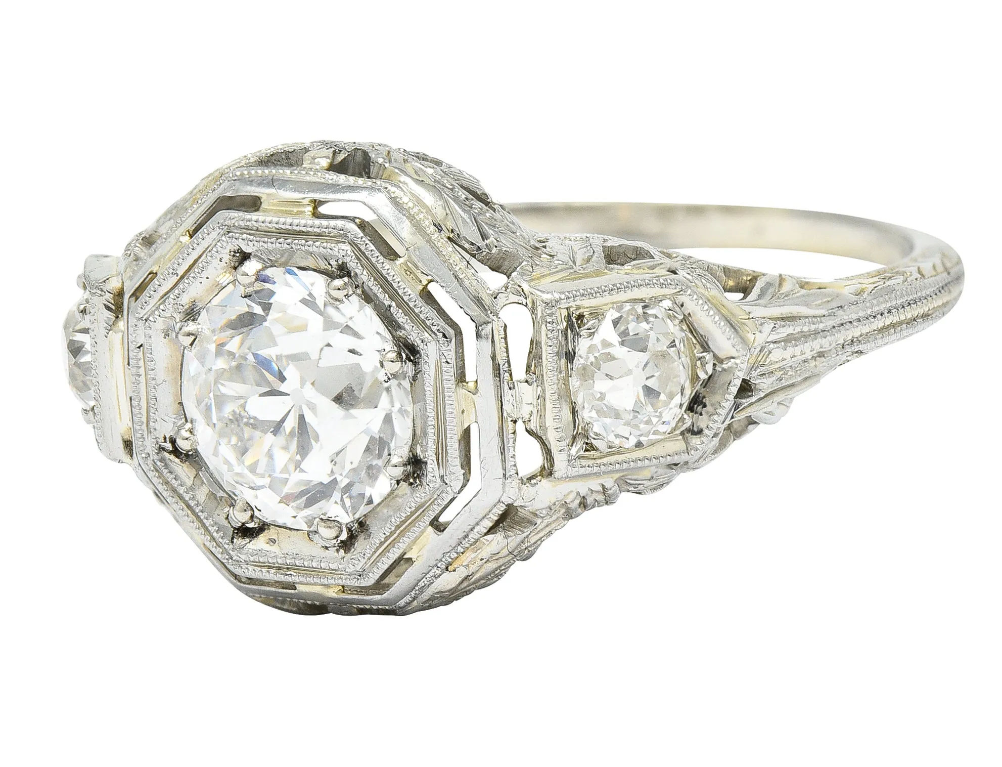 Art Deco 1.41 CTW Diamond 18 Karat White Gold Floral Vintage Engagement Ring GIA