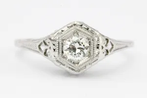 Art Deco 18K White Gold Belais Old European Cut Diamond Engagement Ring 1920's