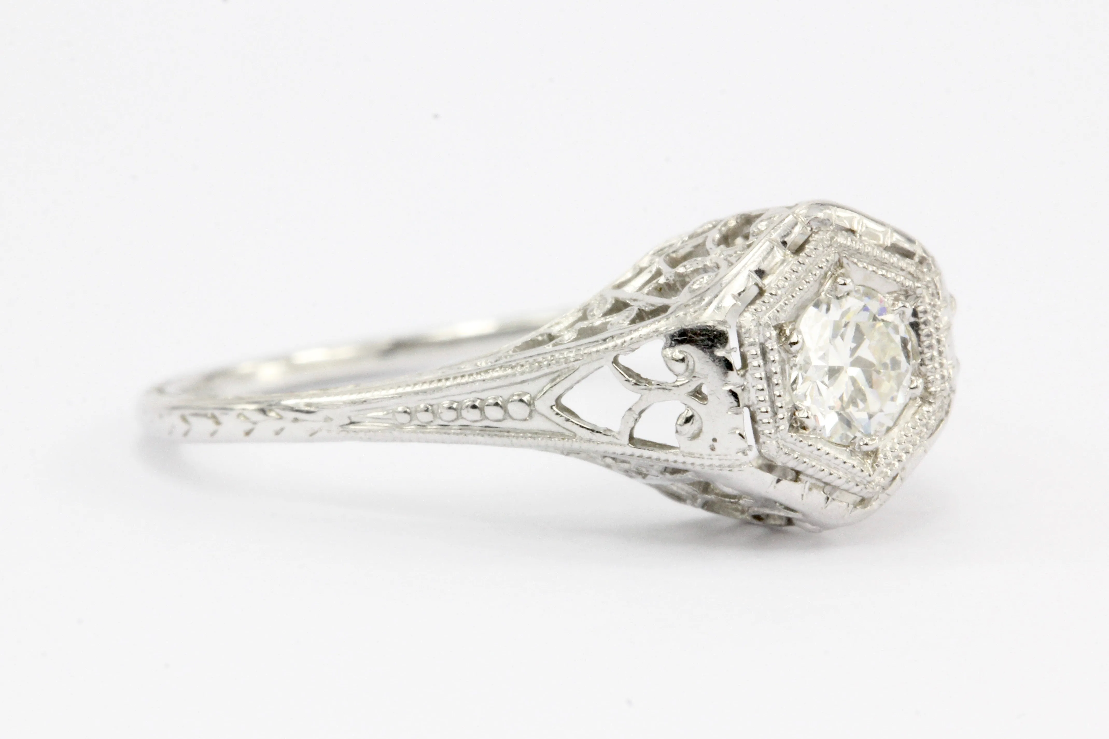 Art Deco 18K White Gold Belais Old European Cut Diamond Engagement Ring 1920's