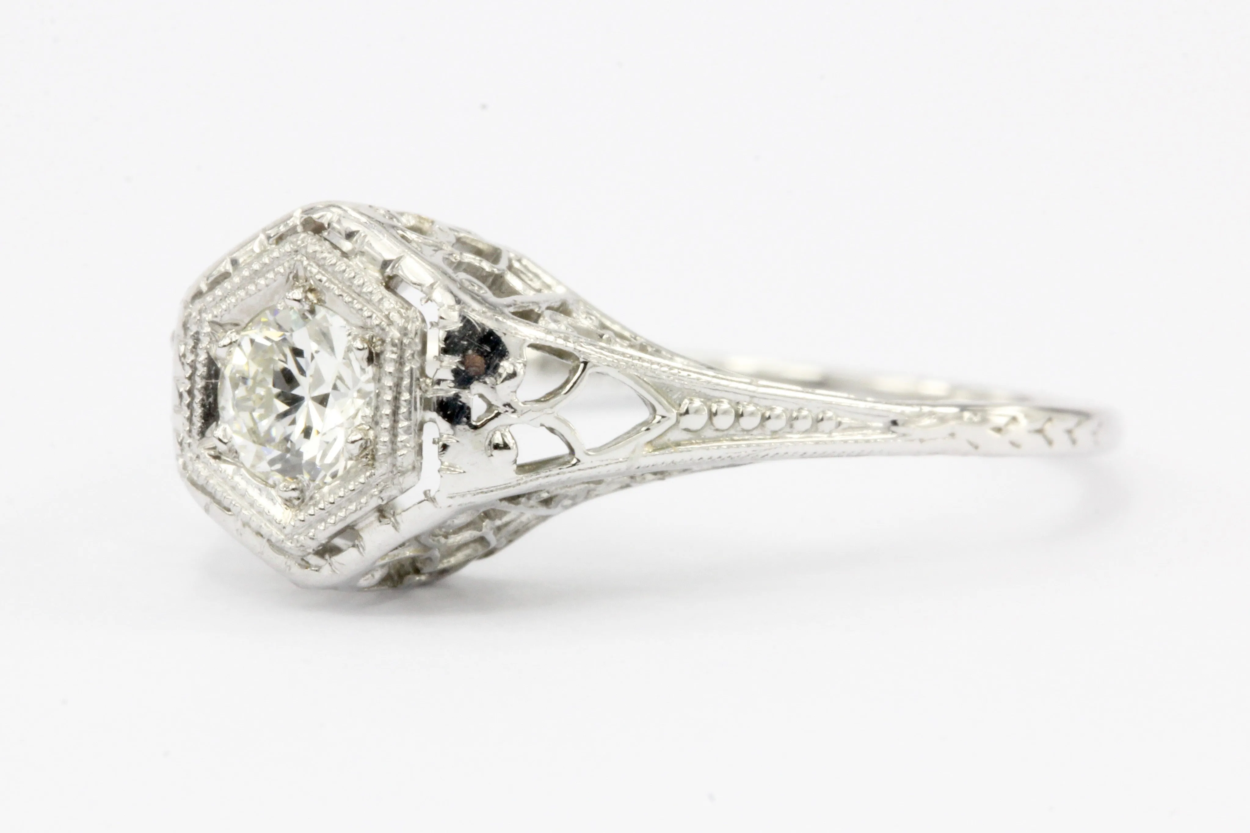 Art Deco 18K White Gold Belais Old European Cut Diamond Engagement Ring 1920's