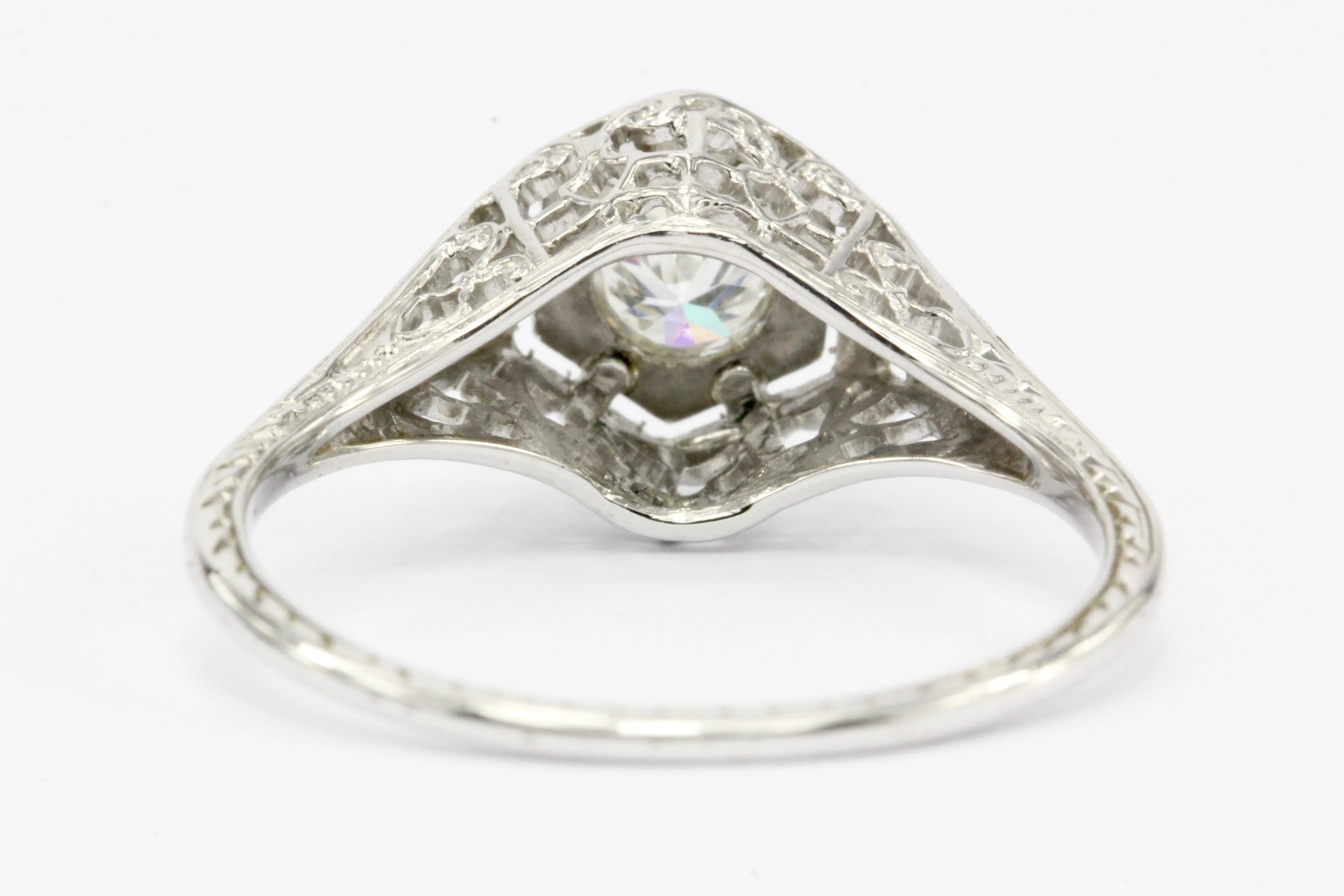 Art Deco 18K White Gold Belais Old European Cut Diamond Engagement Ring 1920's