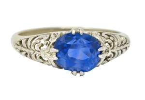Art Deco 1.90 CTW Sapphire 14 Karat White Gold Scrolled Foliate Ring
