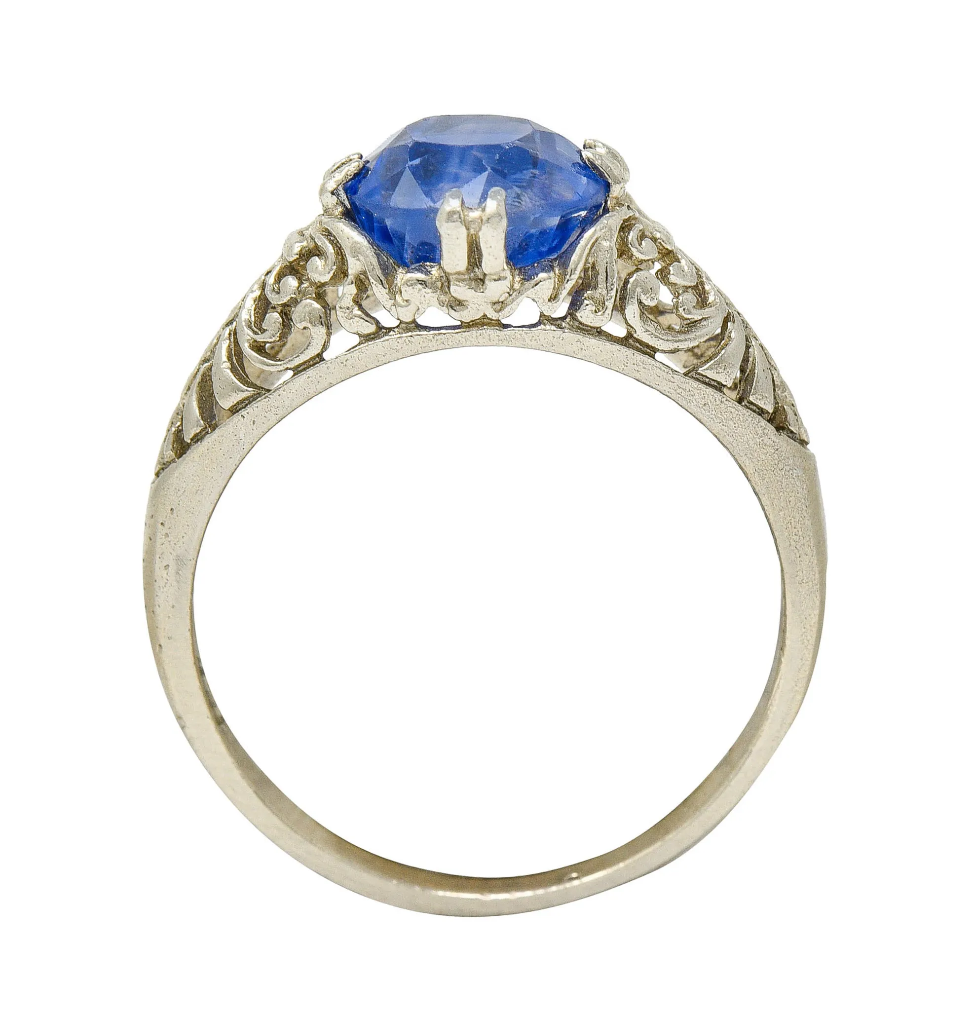 Art Deco 1.90 CTW Sapphire 14 Karat White Gold Scrolled Foliate Ring