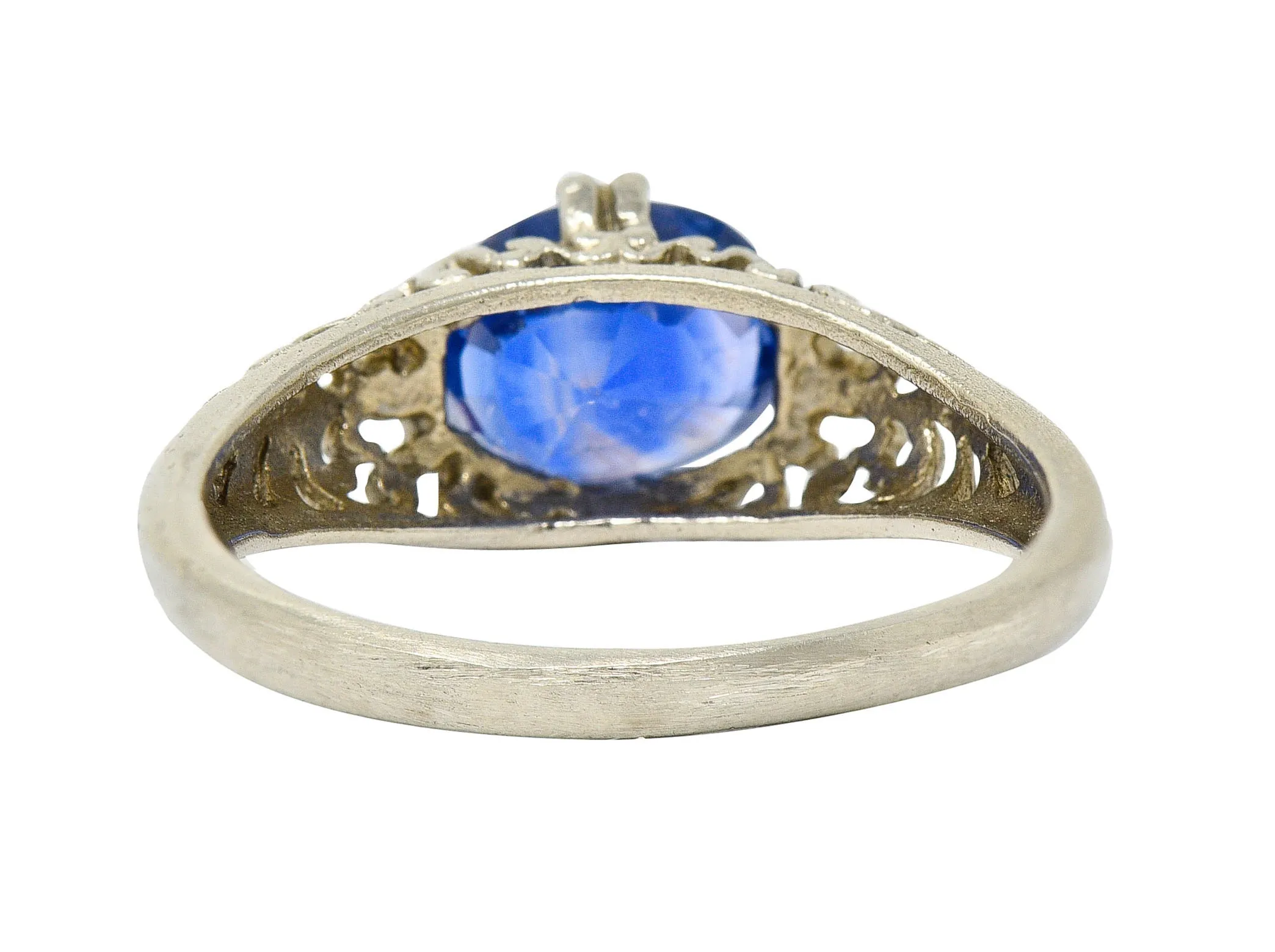 Art Deco 1.90 CTW Sapphire 14 Karat White Gold Scrolled Foliate Ring