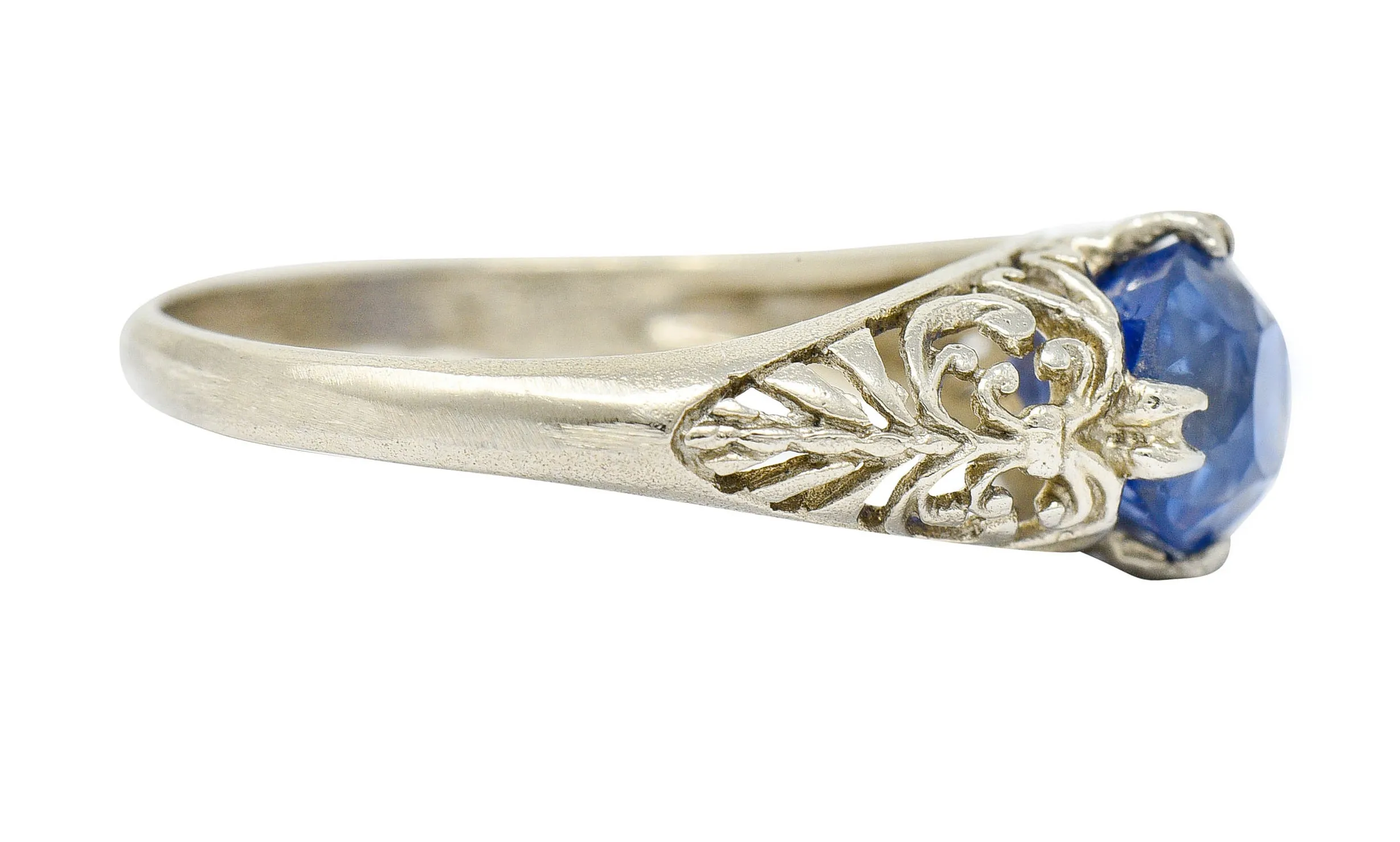 Art Deco 1.90 CTW Sapphire 14 Karat White Gold Scrolled Foliate Ring