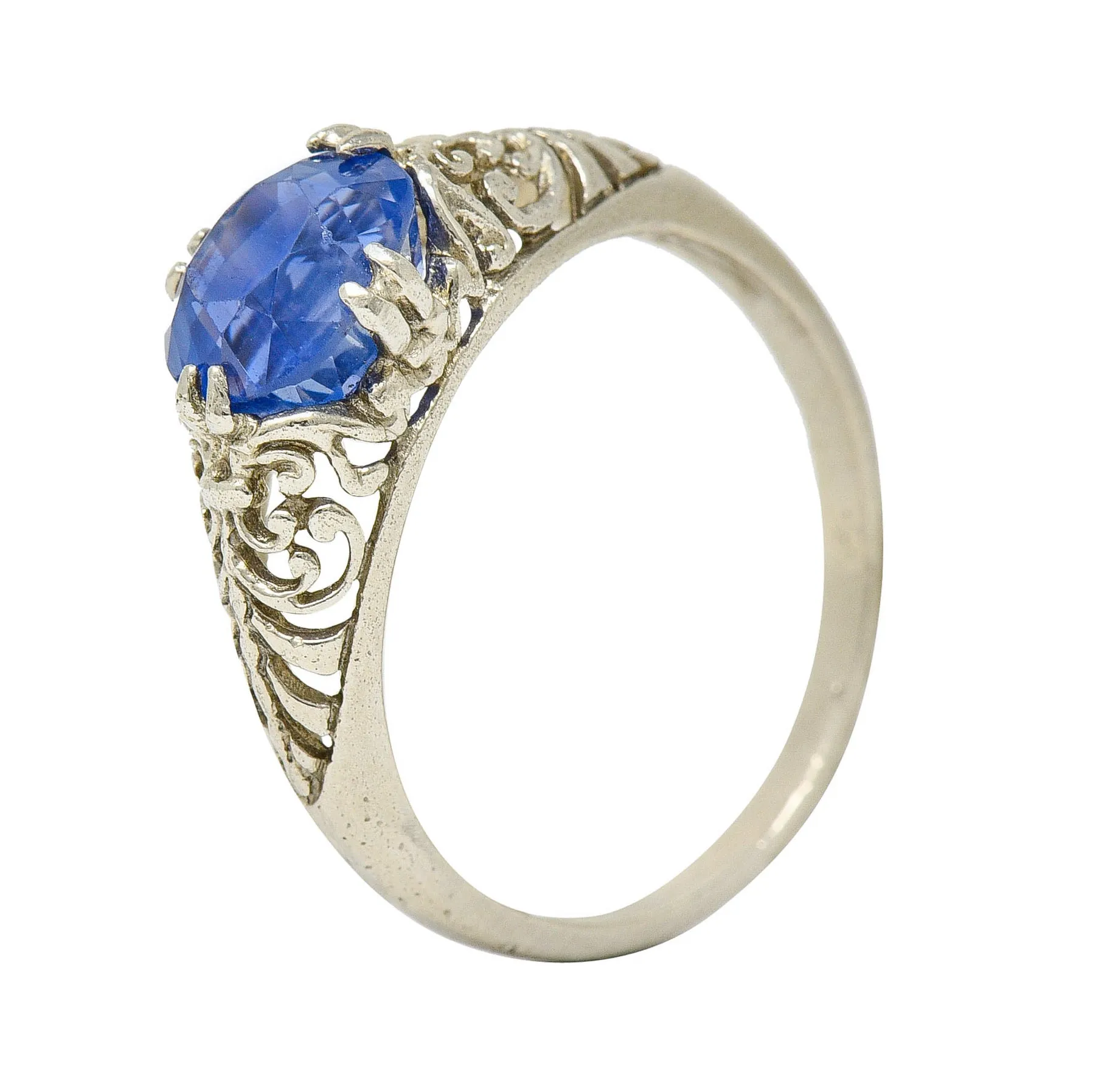 Art Deco 1.90 CTW Sapphire 14 Karat White Gold Scrolled Foliate Ring