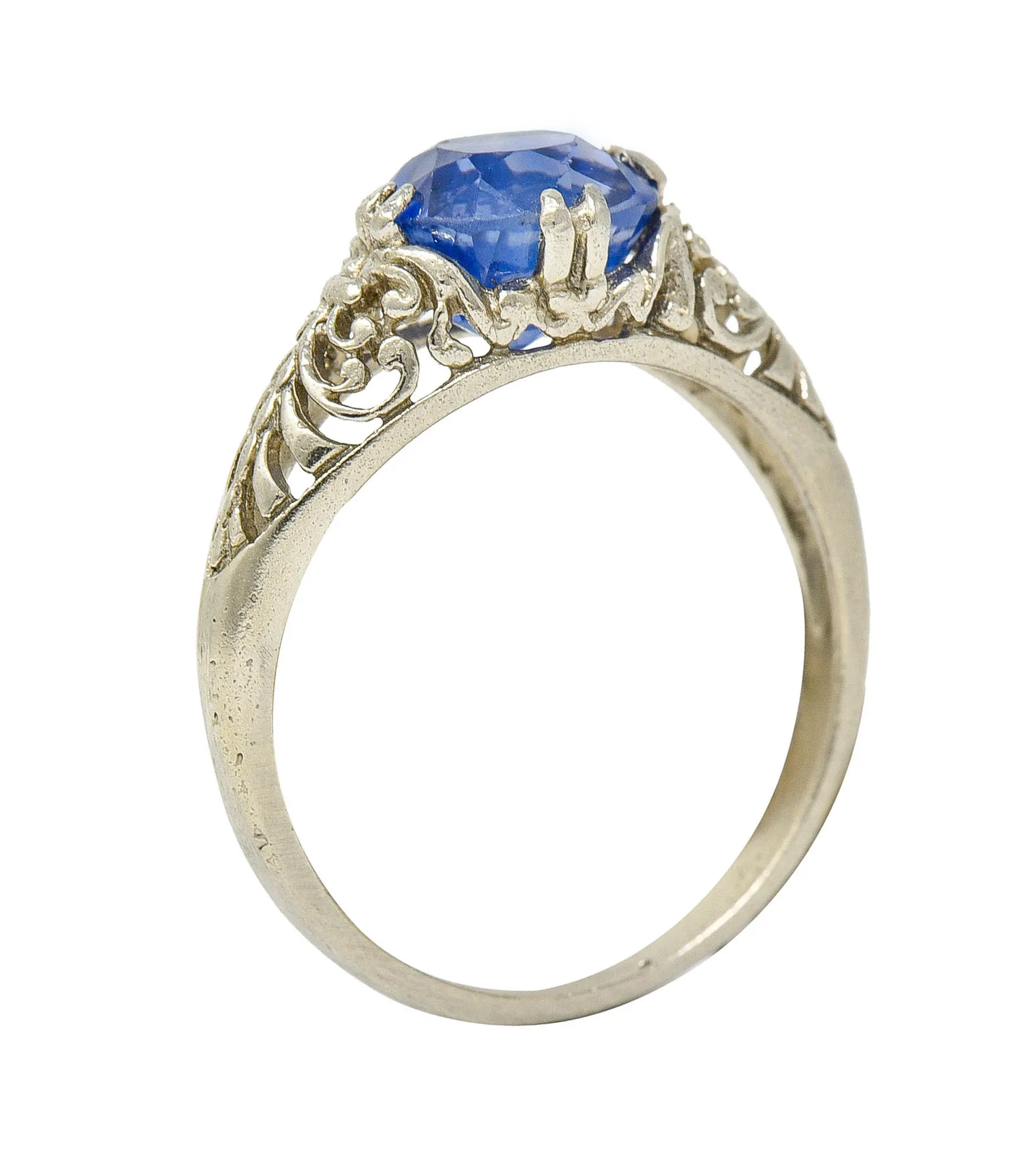 Art Deco 1.90 CTW Sapphire 14 Karat White Gold Scrolled Foliate Ring