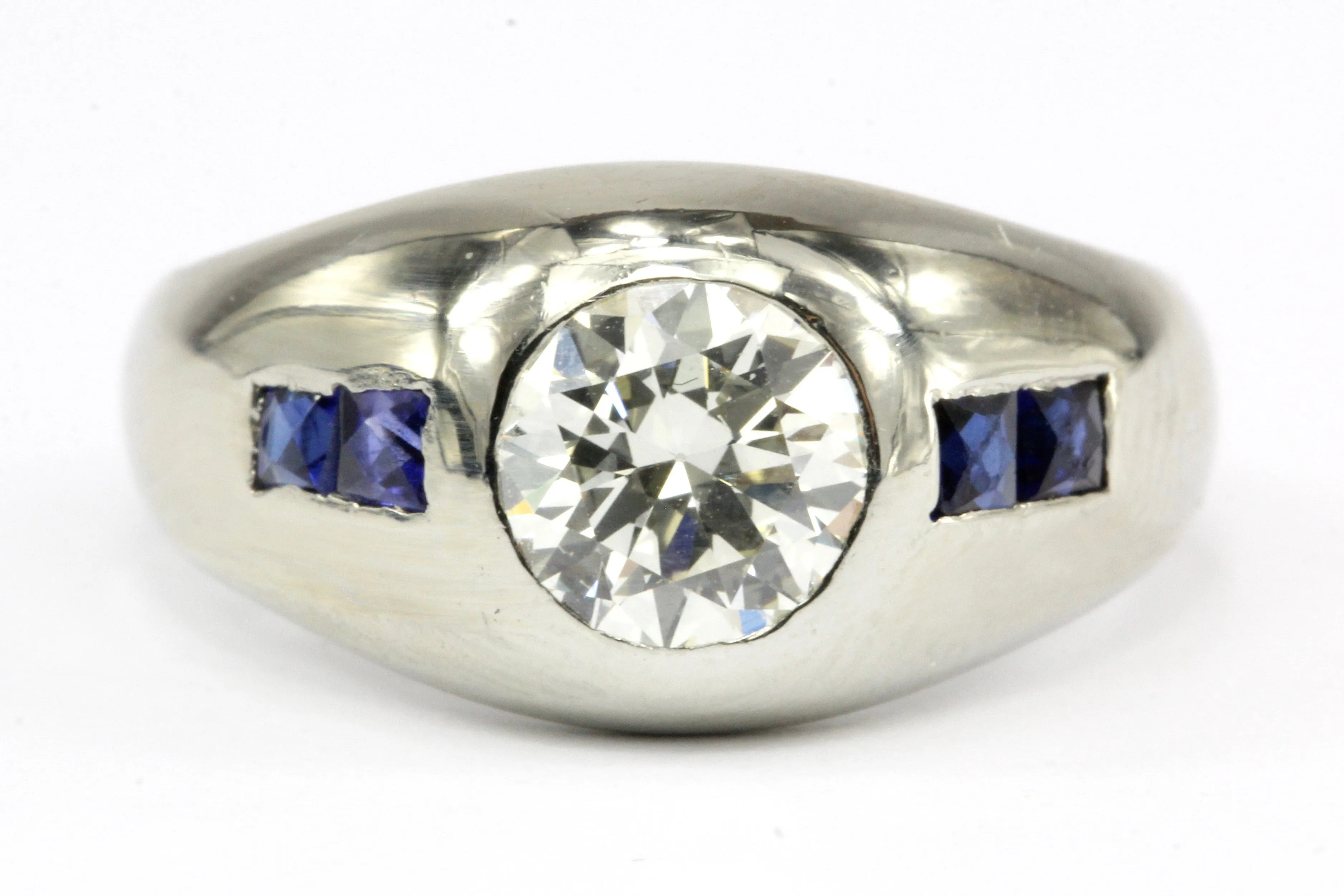 Art Deco 20K White Gold 1 CT Diamond & French Cut Gypsy Ring Size 6.25