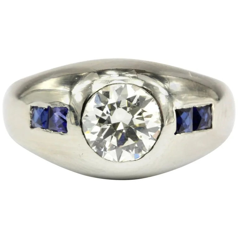Art Deco 20K White Gold 1 CT Diamond & French Cut Gypsy Ring Size 6.25