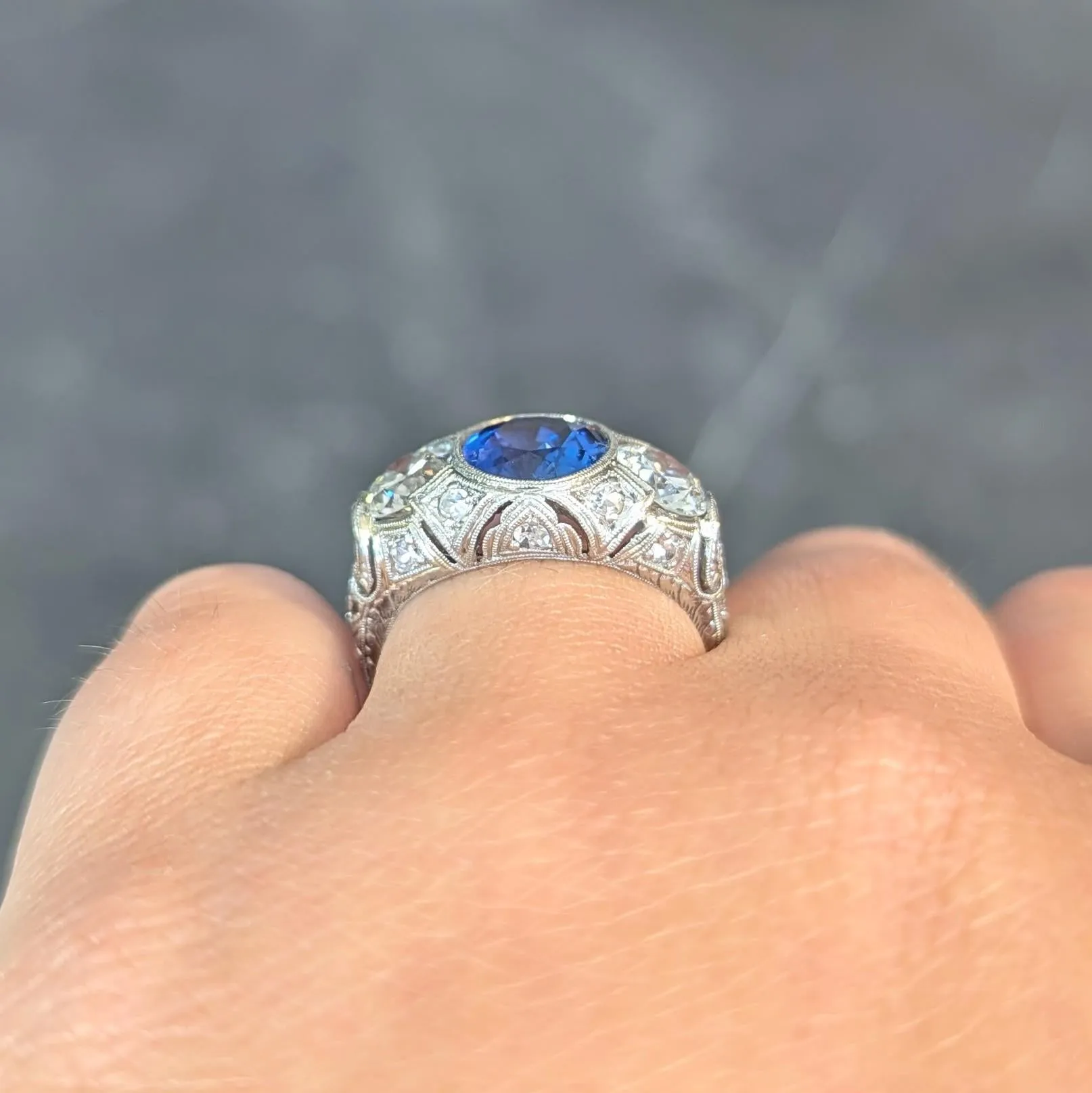 Art Deco 4.90 CTW No Heat Ceylon Sapphire Diamond Platinum Antique Three Stone Lotus Ring AGL