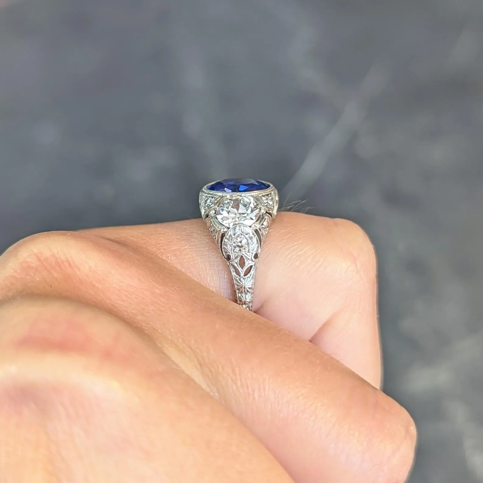 Art Deco 4.90 CTW No Heat Ceylon Sapphire Diamond Platinum Antique Three Stone Lotus Ring AGL