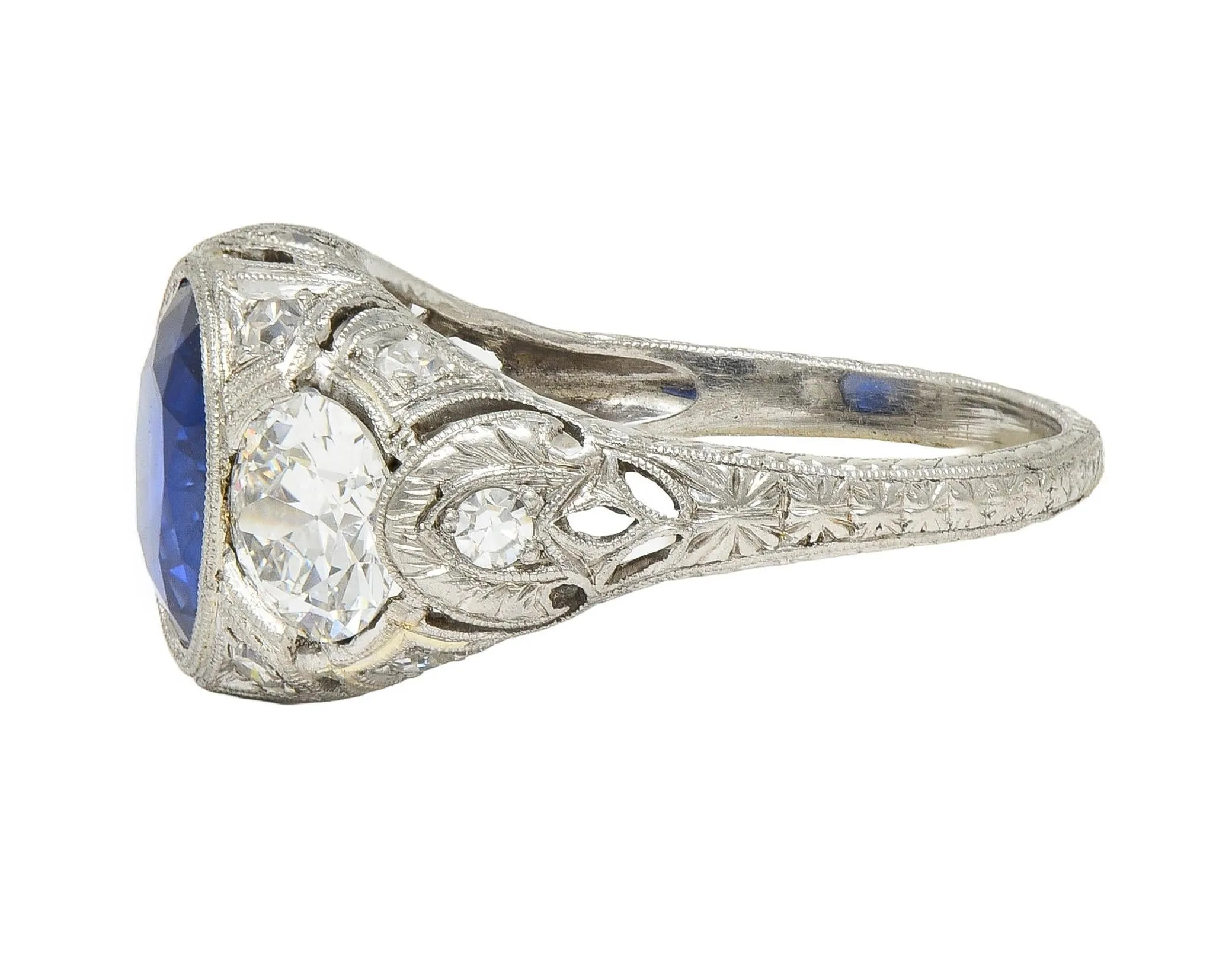 Art Deco 4.90 CTW No Heat Ceylon Sapphire Diamond Platinum Antique Three Stone Lotus Ring AGL