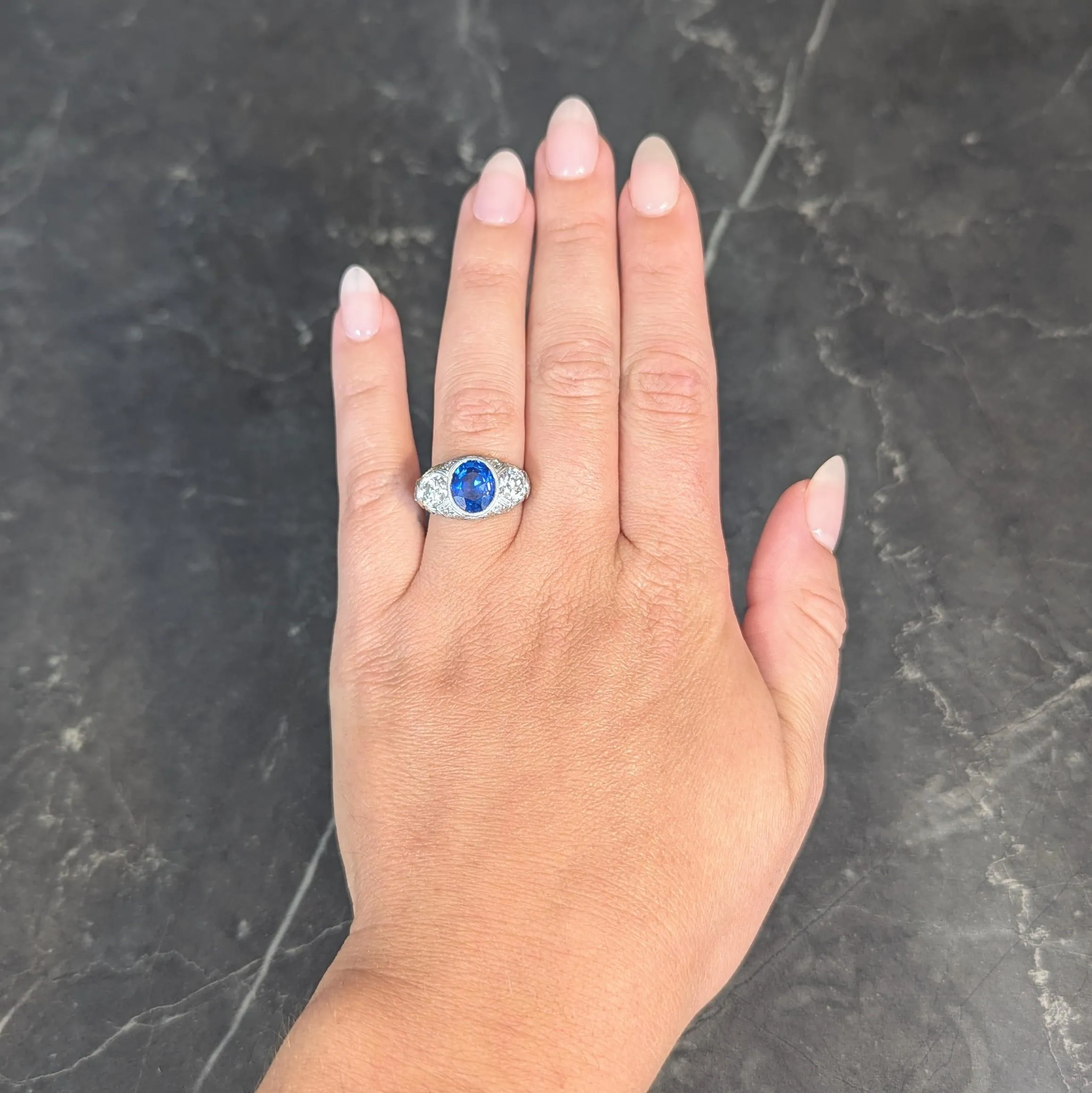 Art Deco 4.90 CTW No Heat Ceylon Sapphire Diamond Platinum Antique Three Stone Lotus Ring AGL