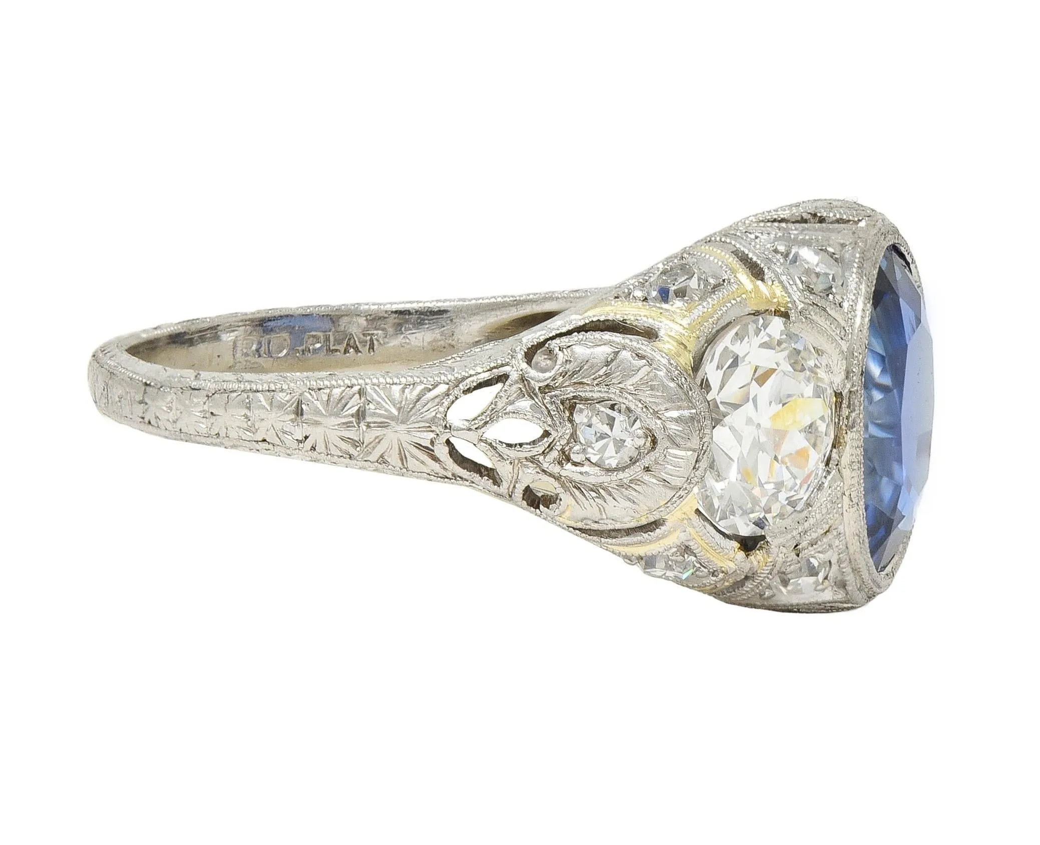 Art Deco 4.90 CTW No Heat Ceylon Sapphire Diamond Platinum Antique Three Stone Lotus Ring AGL