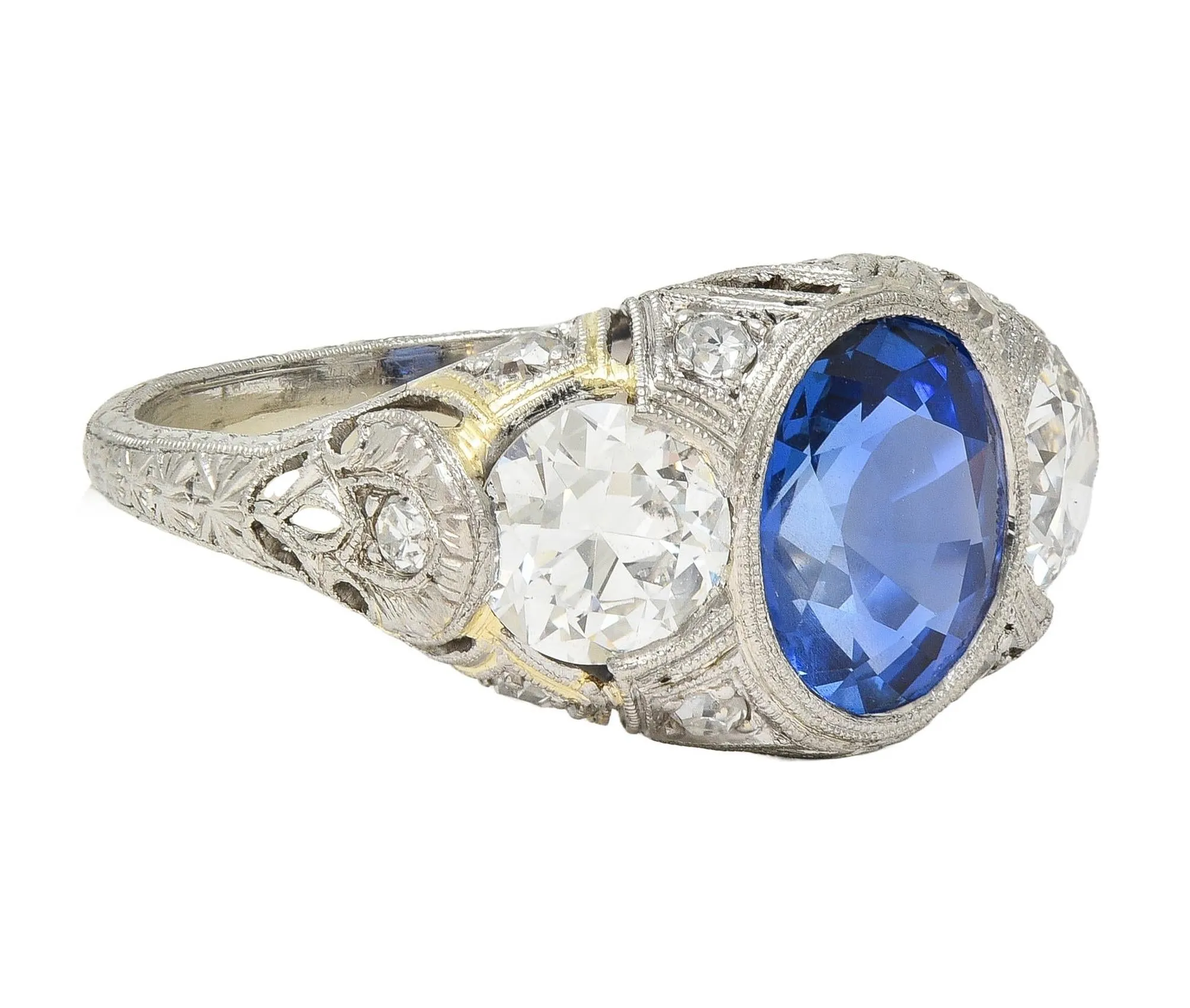 Art Deco 4.90 CTW No Heat Ceylon Sapphire Diamond Platinum Antique Three Stone Lotus Ring AGL