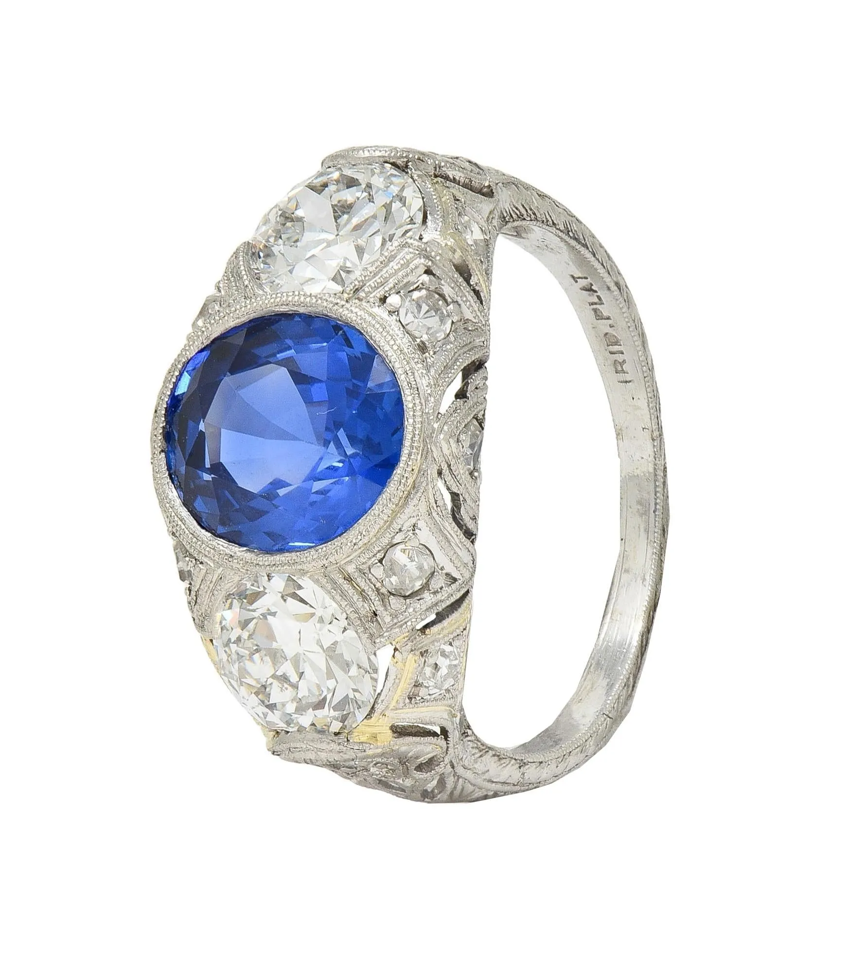 Art Deco 4.90 CTW No Heat Ceylon Sapphire Diamond Platinum Antique Three Stone Lotus Ring AGL