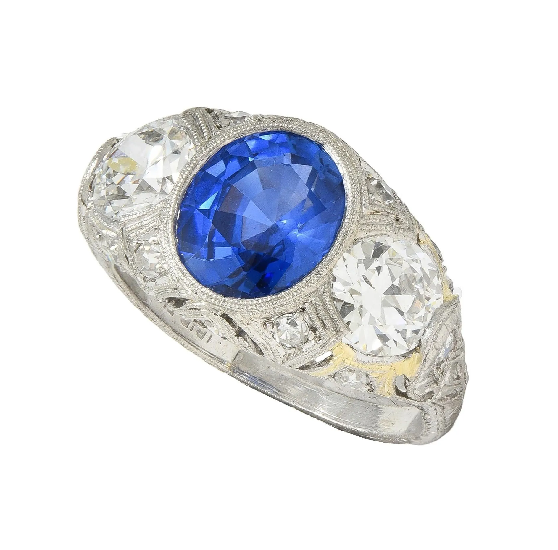 Art Deco 4.90 CTW No Heat Ceylon Sapphire Diamond Platinum Antique Three Stone Lotus Ring AGL