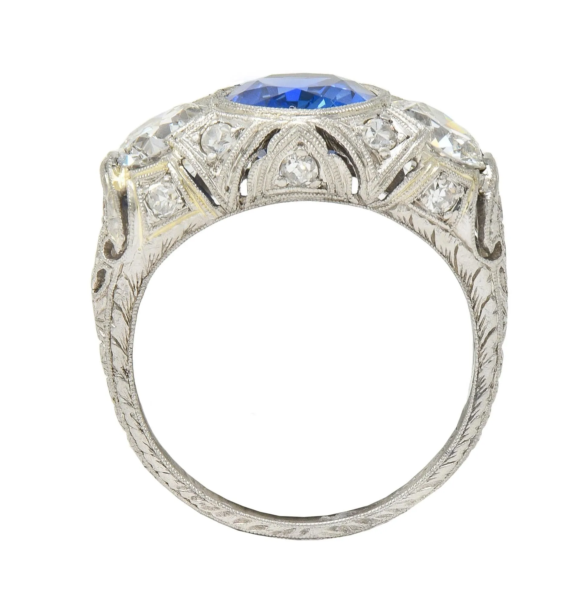Art Deco 4.90 CTW No Heat Ceylon Sapphire Diamond Platinum Antique Three Stone Lotus Ring AGL