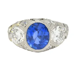 Art Deco 4.90 CTW No Heat Ceylon Sapphire Diamond Platinum Antique Three Stone Lotus Ring AGL