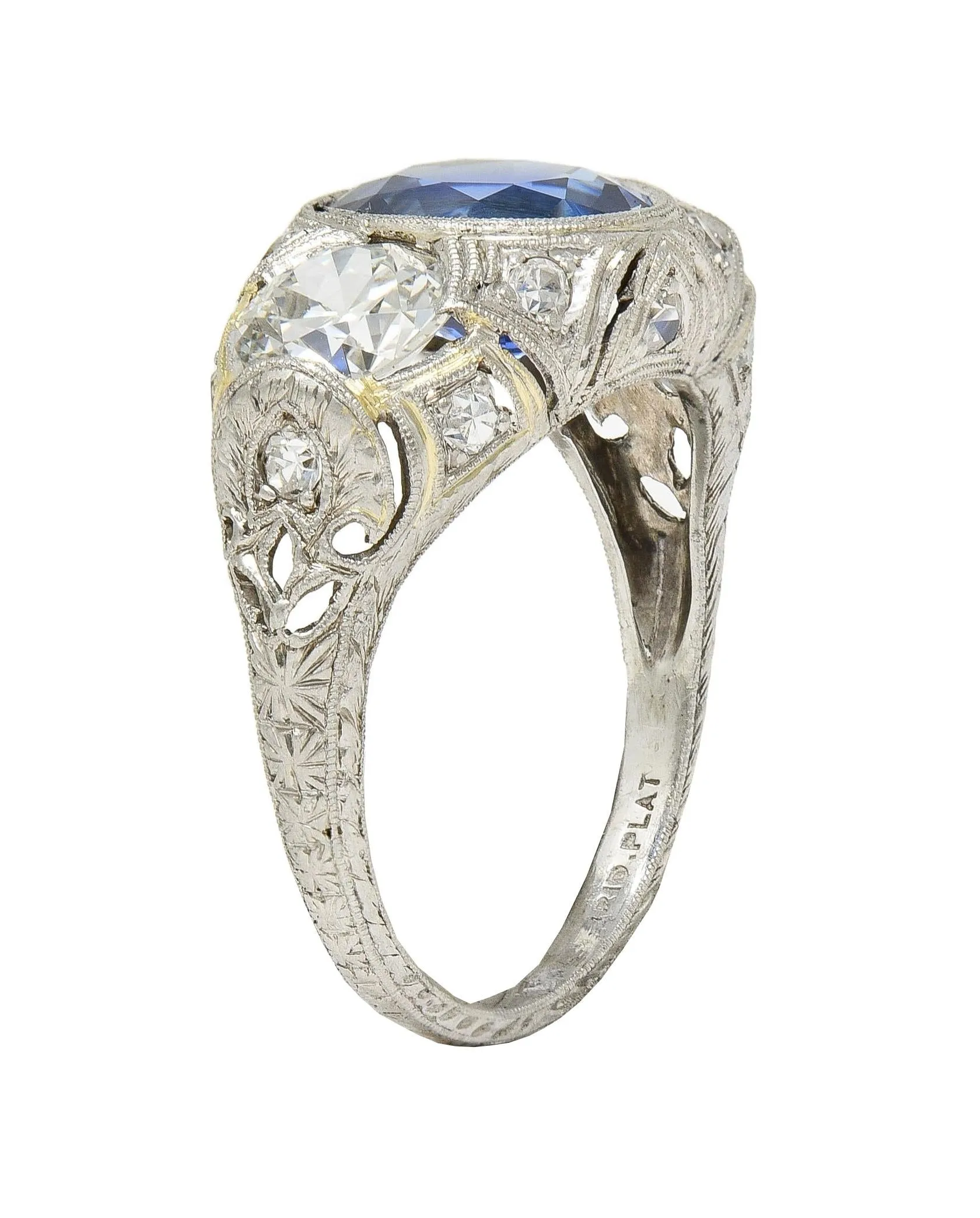 Art Deco 4.90 CTW No Heat Ceylon Sapphire Diamond Platinum Antique Three Stone Lotus Ring AGL