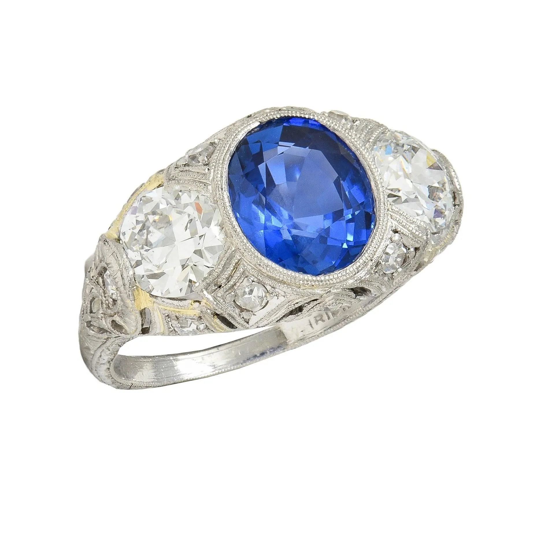 Art Deco 4.90 CTW No Heat Ceylon Sapphire Diamond Platinum Antique Three Stone Lotus Ring AGL
