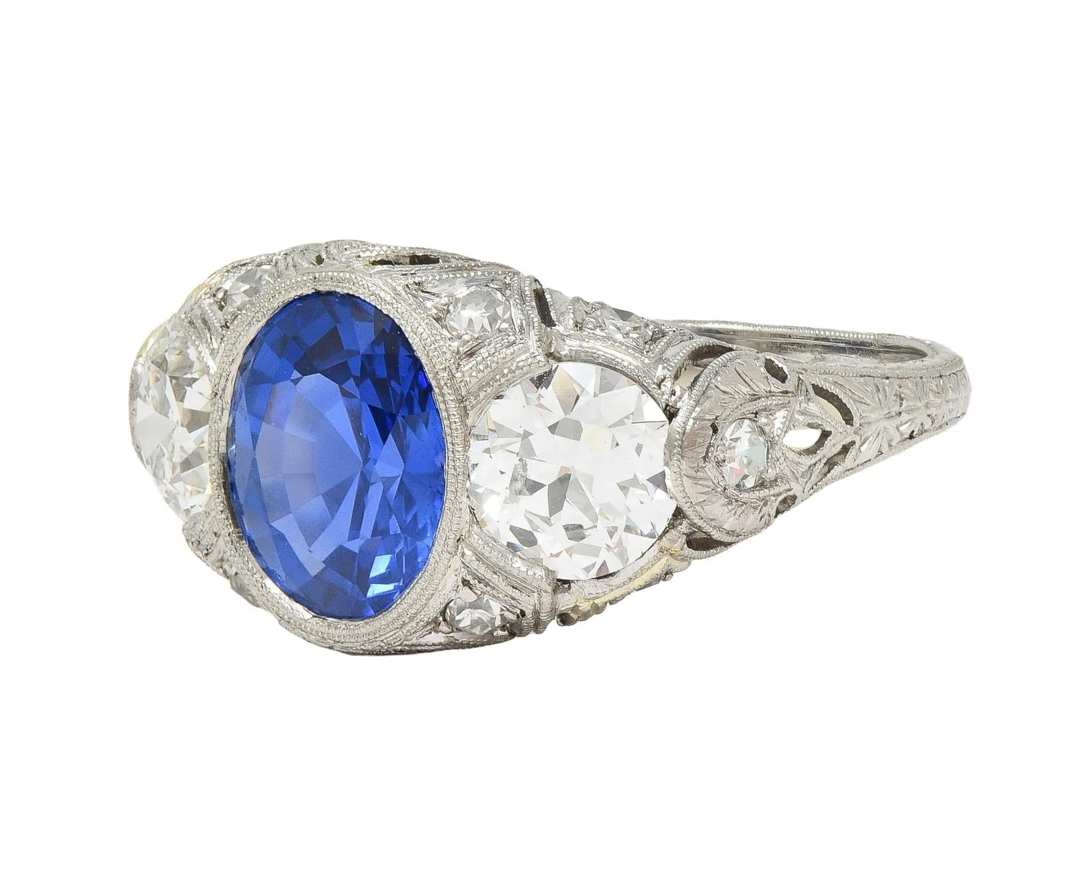 Art Deco 4.90 CTW No Heat Ceylon Sapphire Diamond Platinum Antique Three Stone Lotus Ring AGL