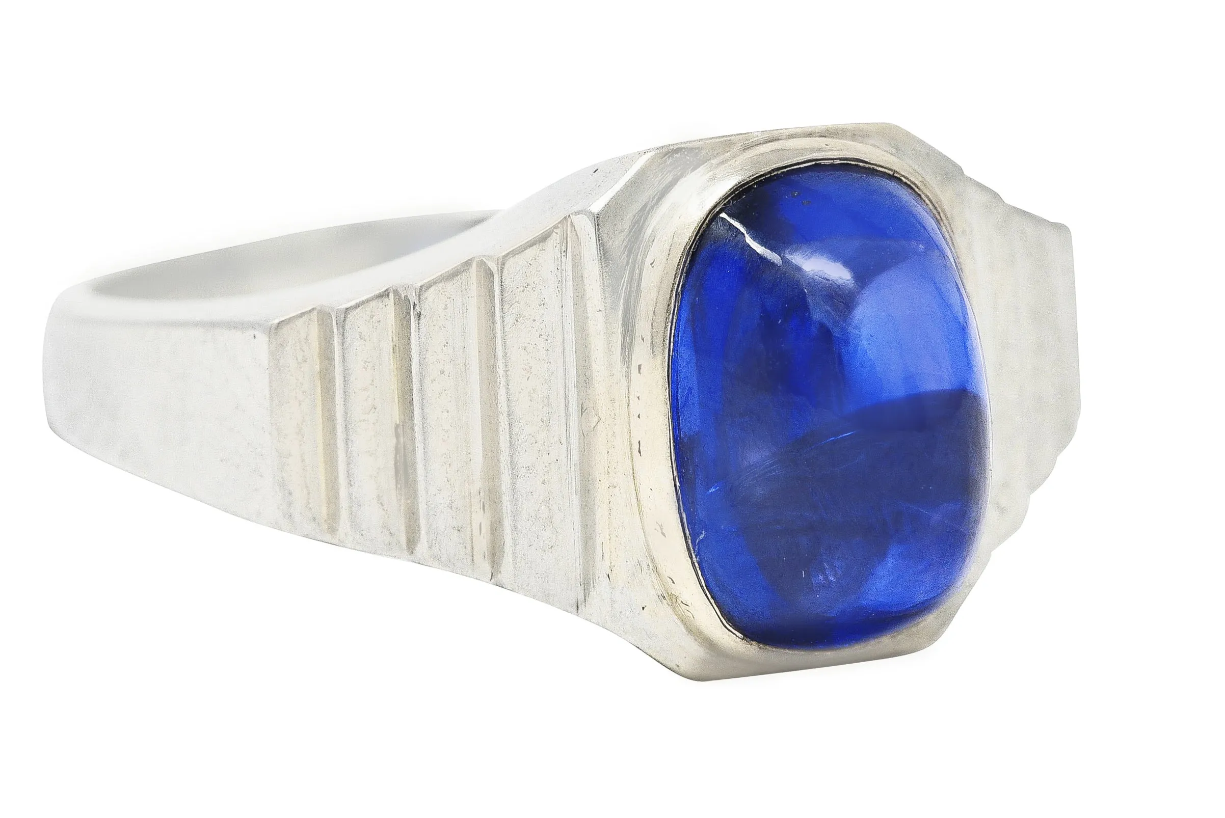 Art Deco 5.15 CTW Sapphire Cabochon 18 Karat White Gold Ring