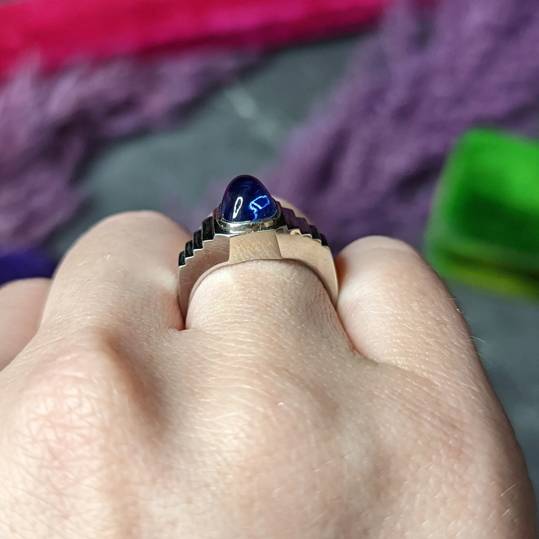 Art Deco 5.15 CTW Sapphire Cabochon 18 Karat White Gold Ring
