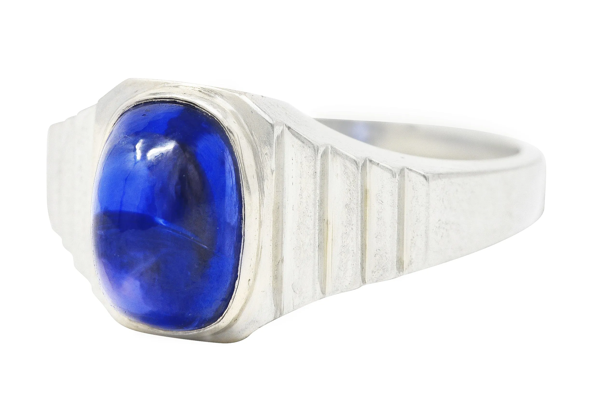 Art Deco 5.15 CTW Sapphire Cabochon 18 Karat White Gold Ring