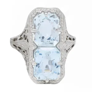 Art Deco Aquamarine 14 Karat White Gold Two-Stone Orange Blossom Vintage Ring